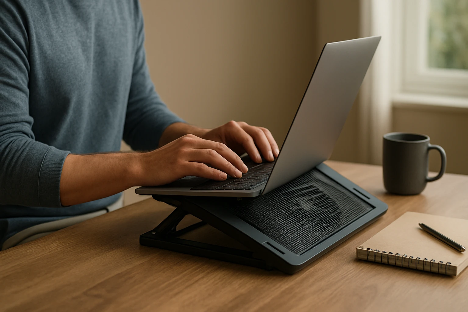 Egy férfi laptopon dolgozik, egy állítható laptop tartón, mellette egy bögre és jegyzetfüzet.