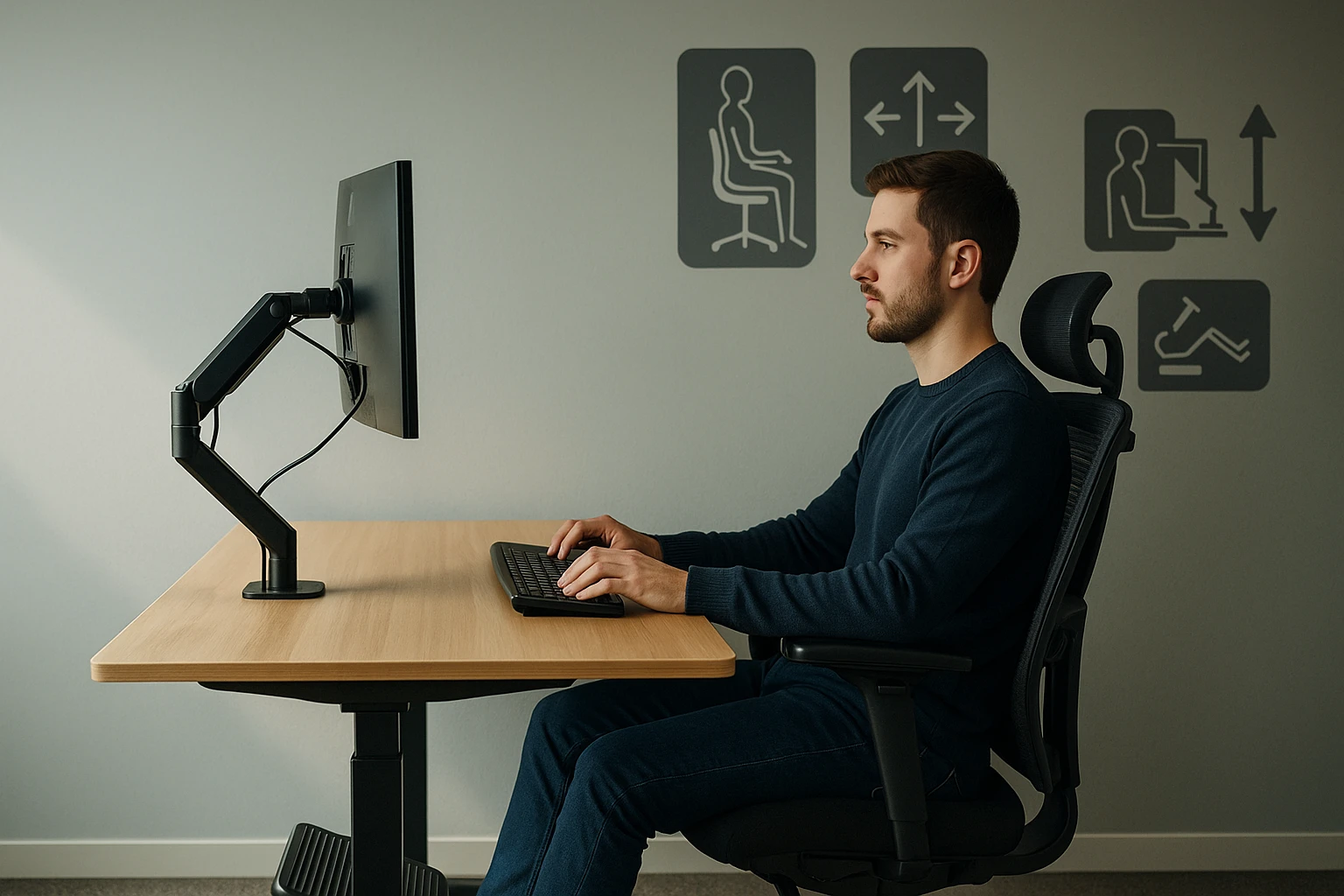 Egy férfi ül egy ergonomikus széken, számítógép előtt, háttérben ergonomikus ikonokkal.