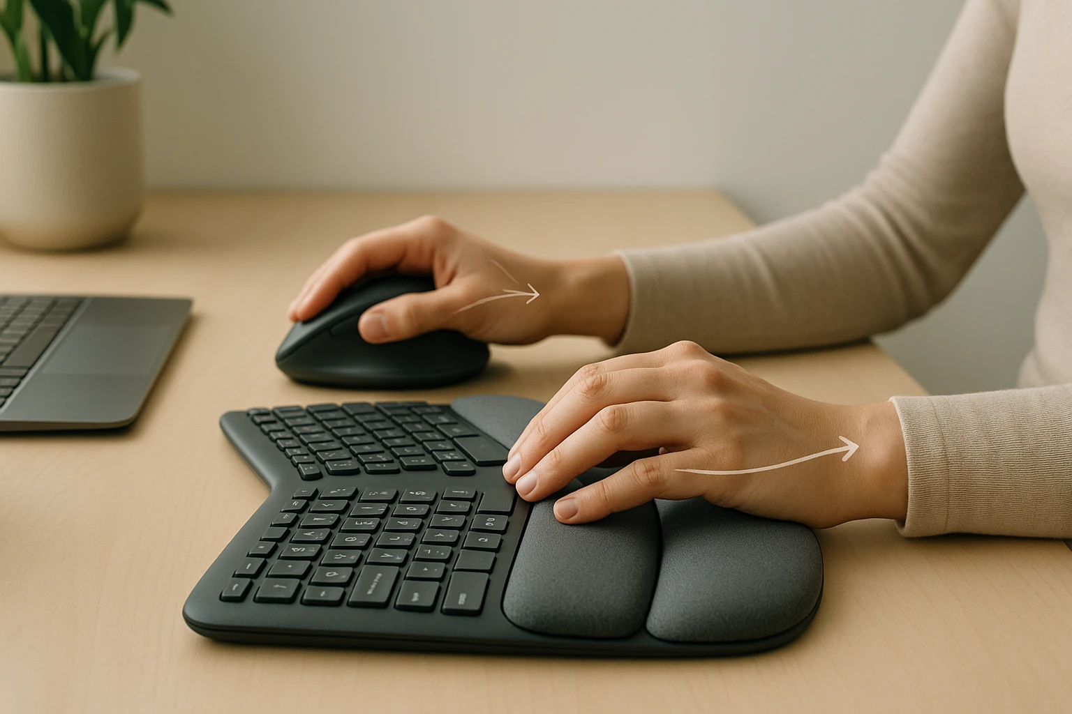 Egy kéz a számítógépes egérrel, a másik a billentyűzeten, modern munkakörnyezetben.