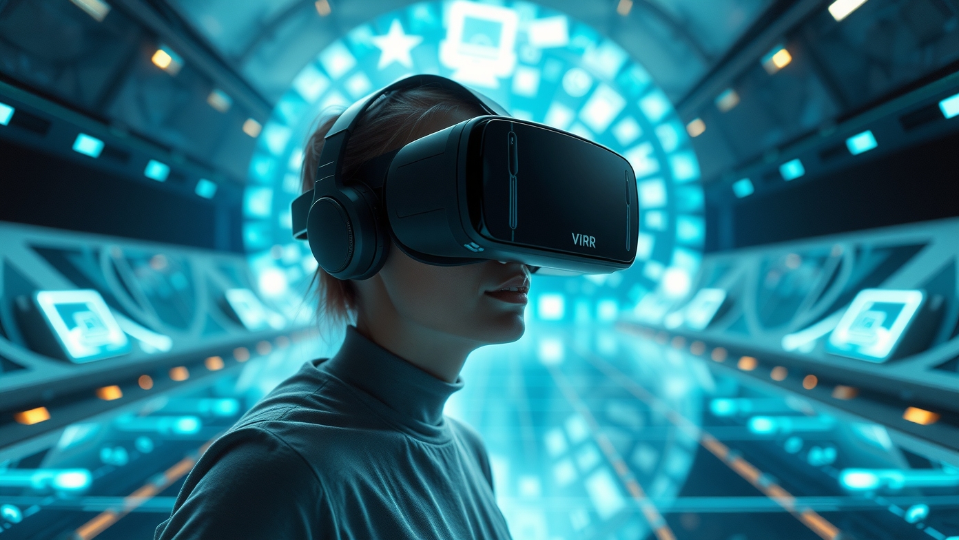 Egy nő VR headsetet visel, háttérben futurisztikus digitális világ.