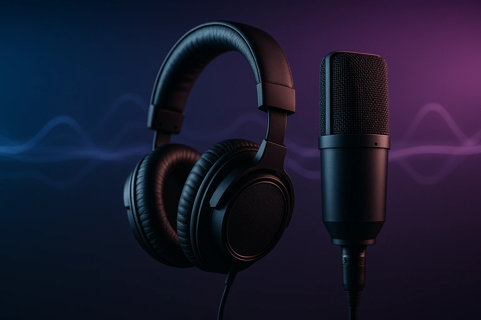 Fekete fejhallgató és mikrofon, modern technológiai háttérrel.