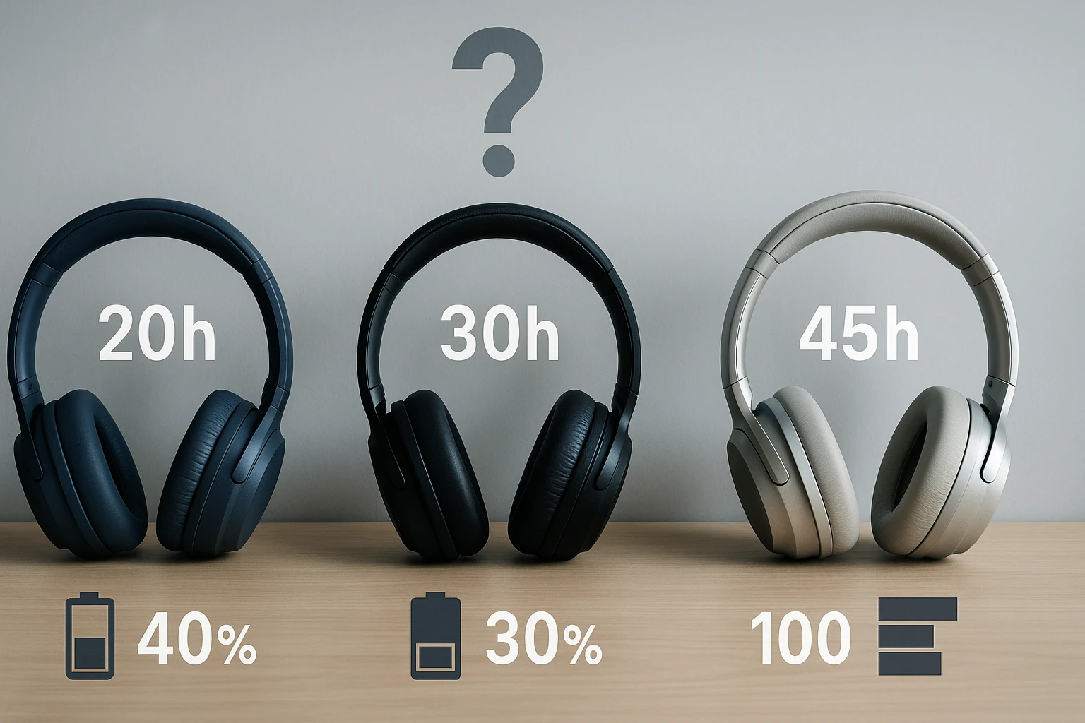 Három fejhallgató különböző üzemidővel és akkumulátor töltöttséggel.