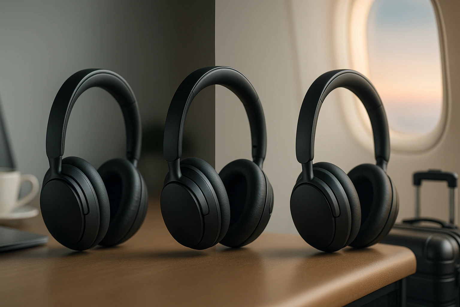 Három fekete fejhallgató egy asztalon, háttérben repülőgép ablakával.