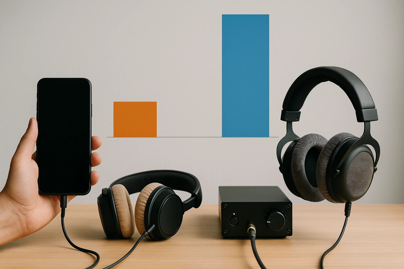 Egy okostelefon és két különböző fejhallgató látható, mellettük egy erősítő.