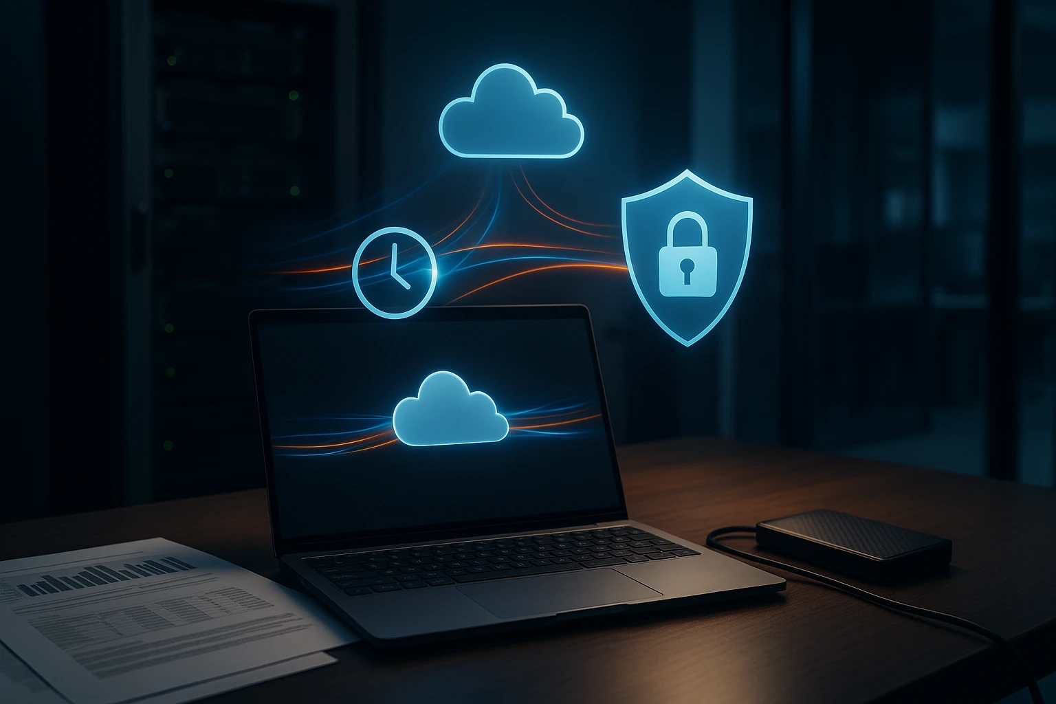 Egy laptop képernyőjén felhőalapú tárolás és biztonság szimbólumai láthatók.