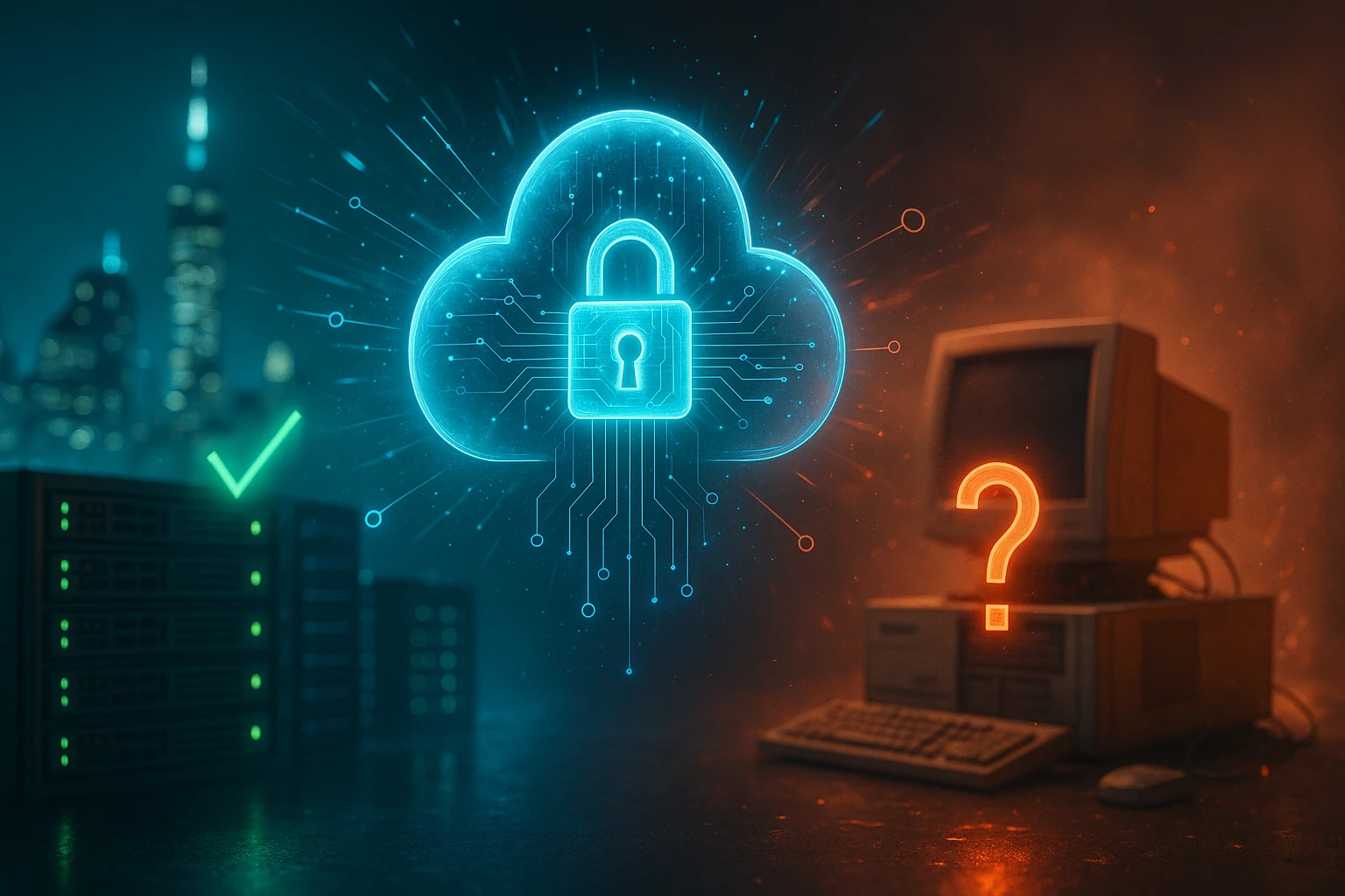Egy felhő alapú biztonsági zár szimbóluma, háttérben régi számítógép és szerverek.