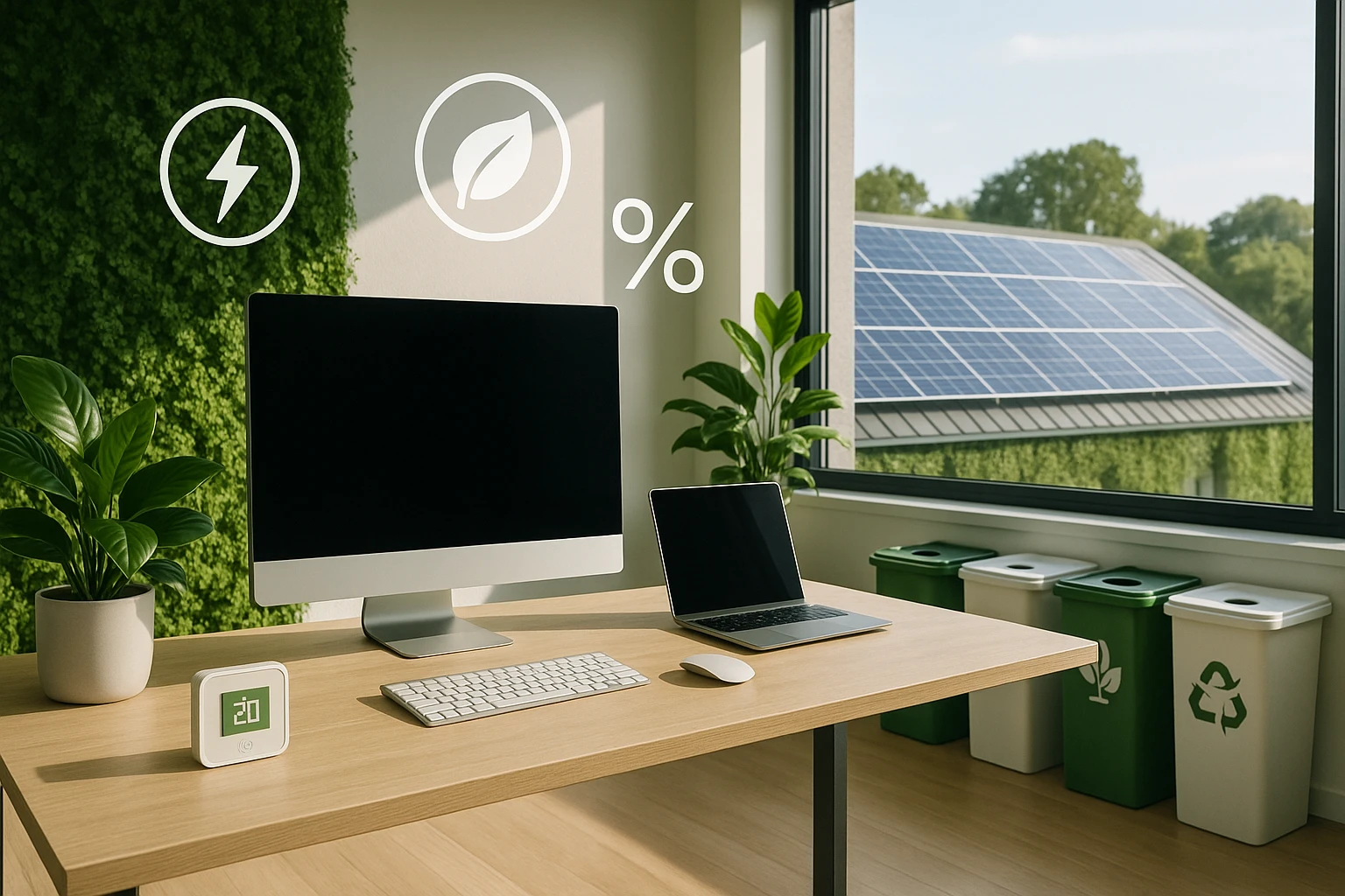 Modern otthoni iroda zöld növényekkel és napenergia panelek láthatók.