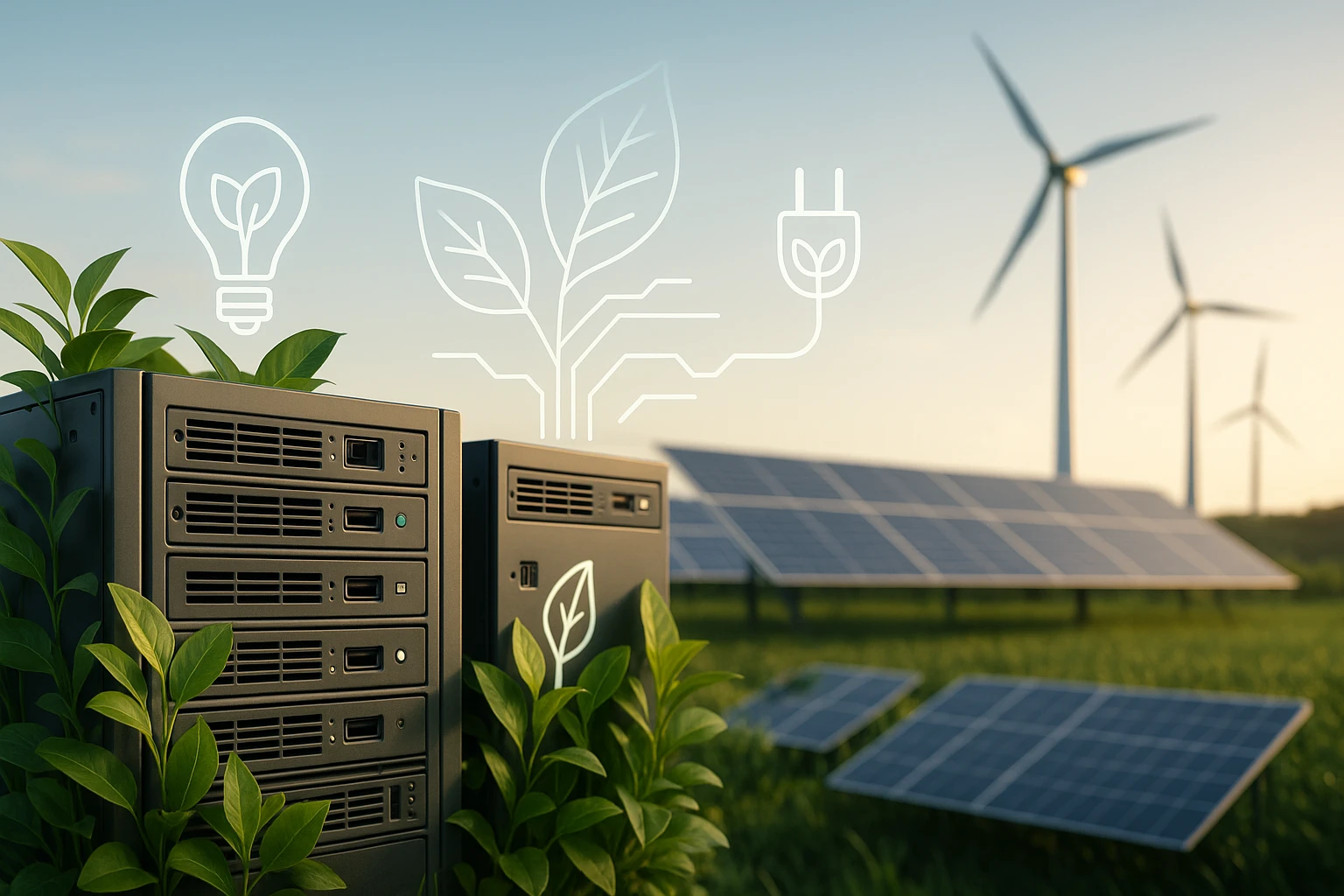 Két szerver áll zöld növények között, napenergia panelek és szélerőművek háttérben.