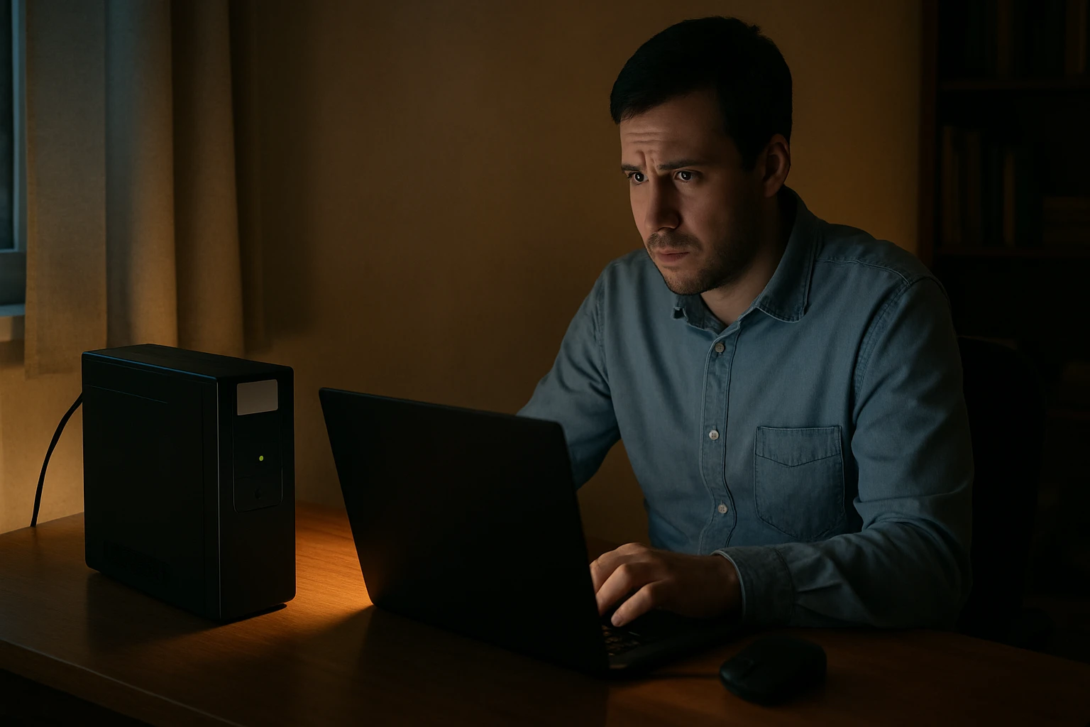 Egy férfi sötétben ül a számítógép előtt, koncentrálva dolgozik.