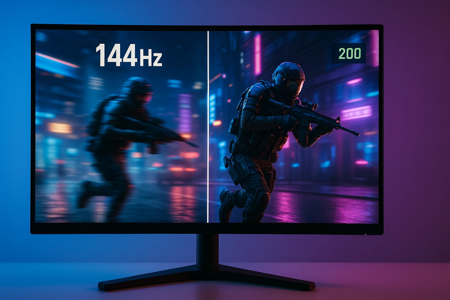 Két különböző frissítési rátájú játékmonitor, 144Hz és 200Hz, játékosok számára.
