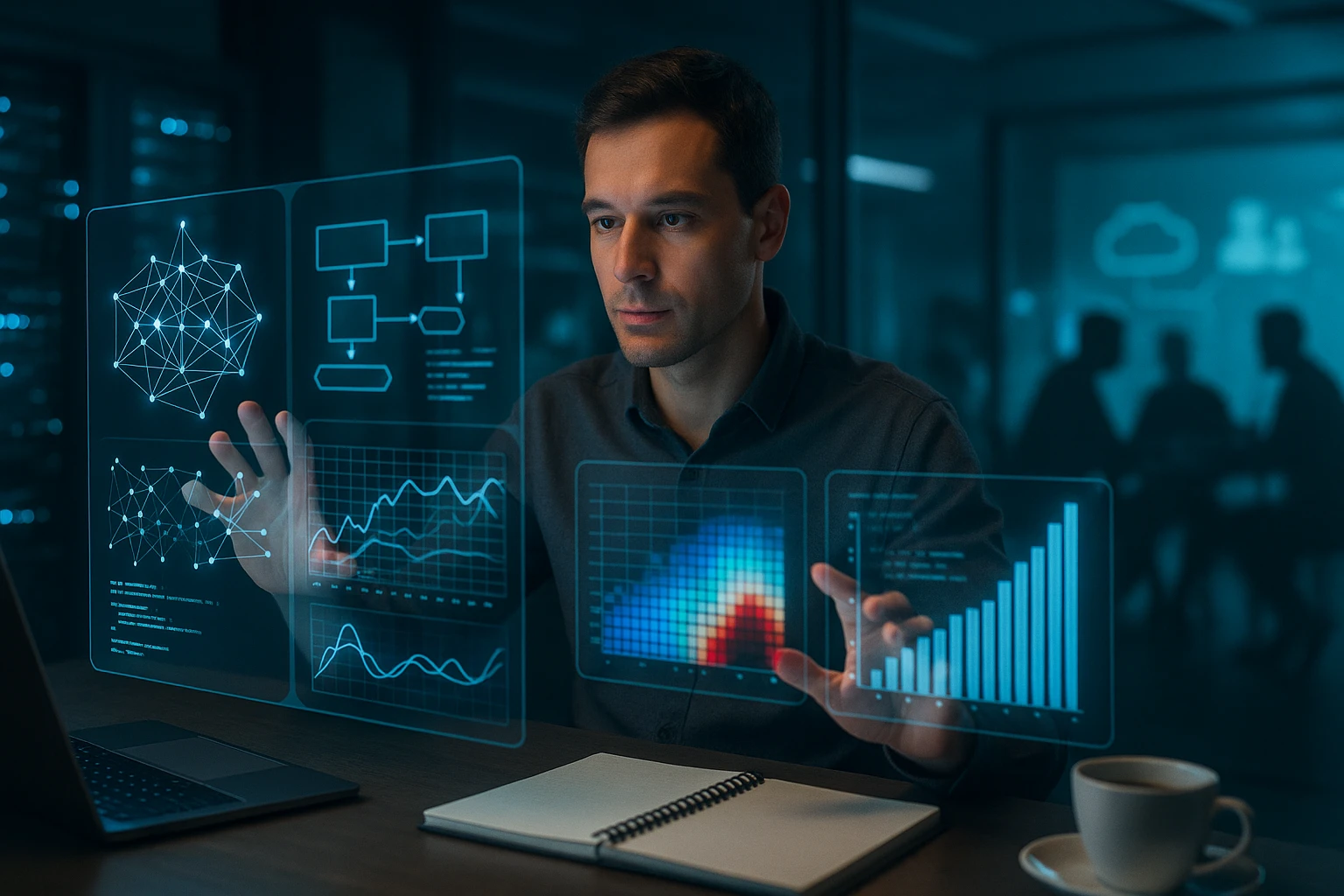 Egy férfi interaktív grafikonokat és adatokat elemez egy futurisztikus kijelzőn.