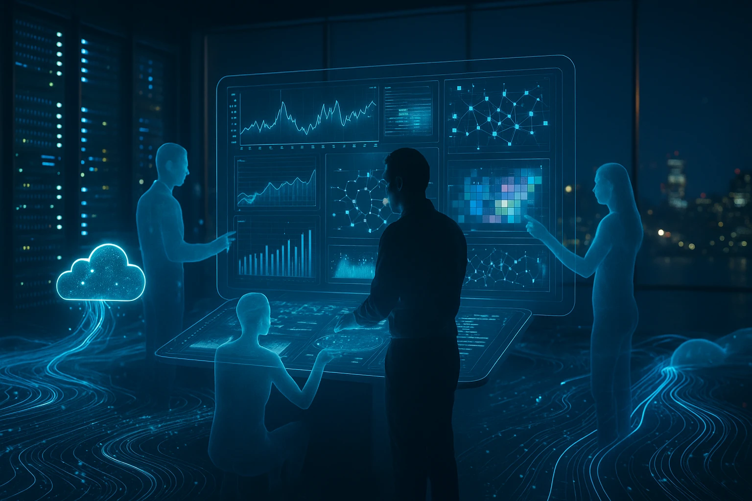 Négy ember egy futurisztikus adatvizualizációs rendszert használ, holografikus grafikonokkal.