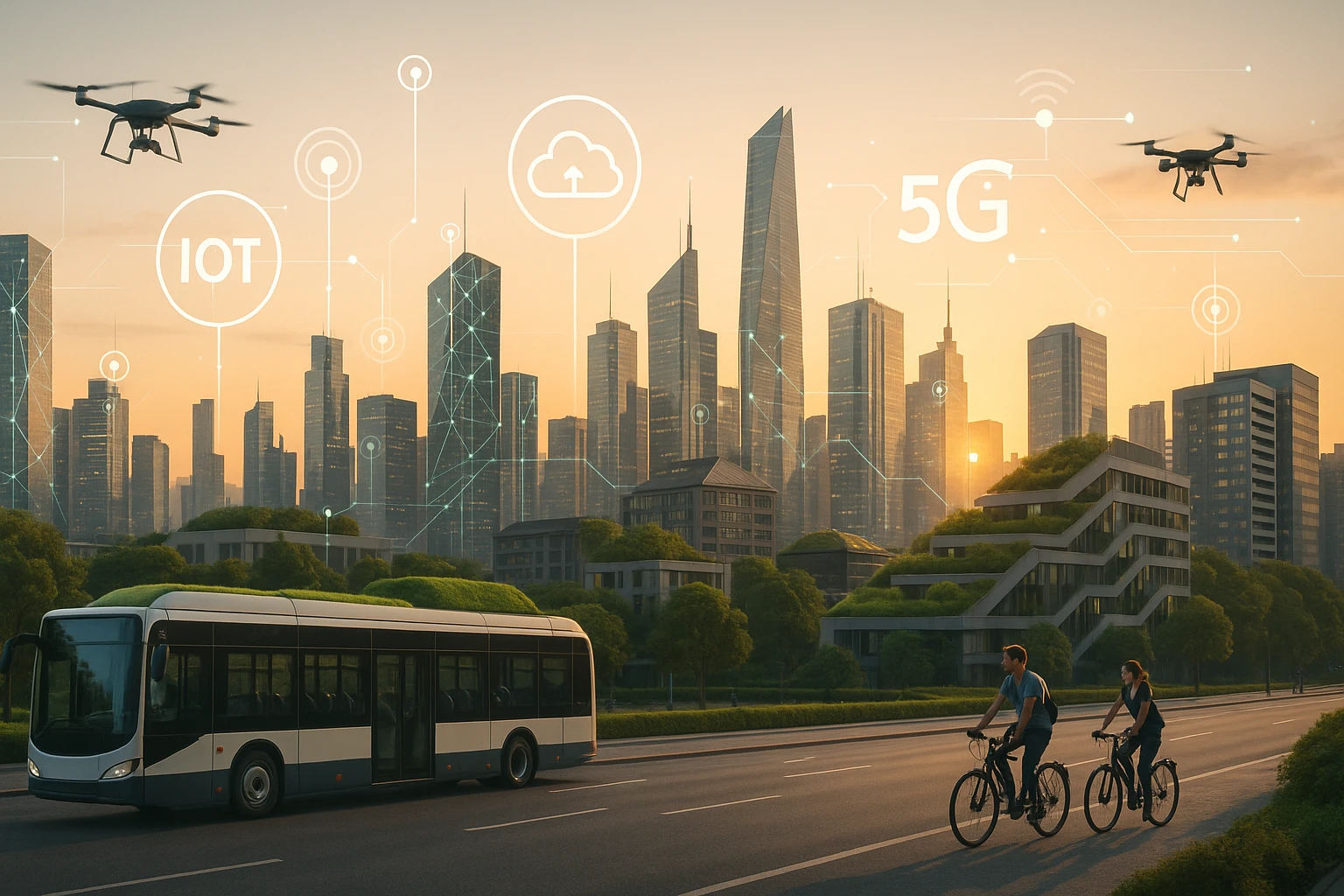 Modern városi táj, drónok repülnek a felhők felett, busz és biciklisek az úton.