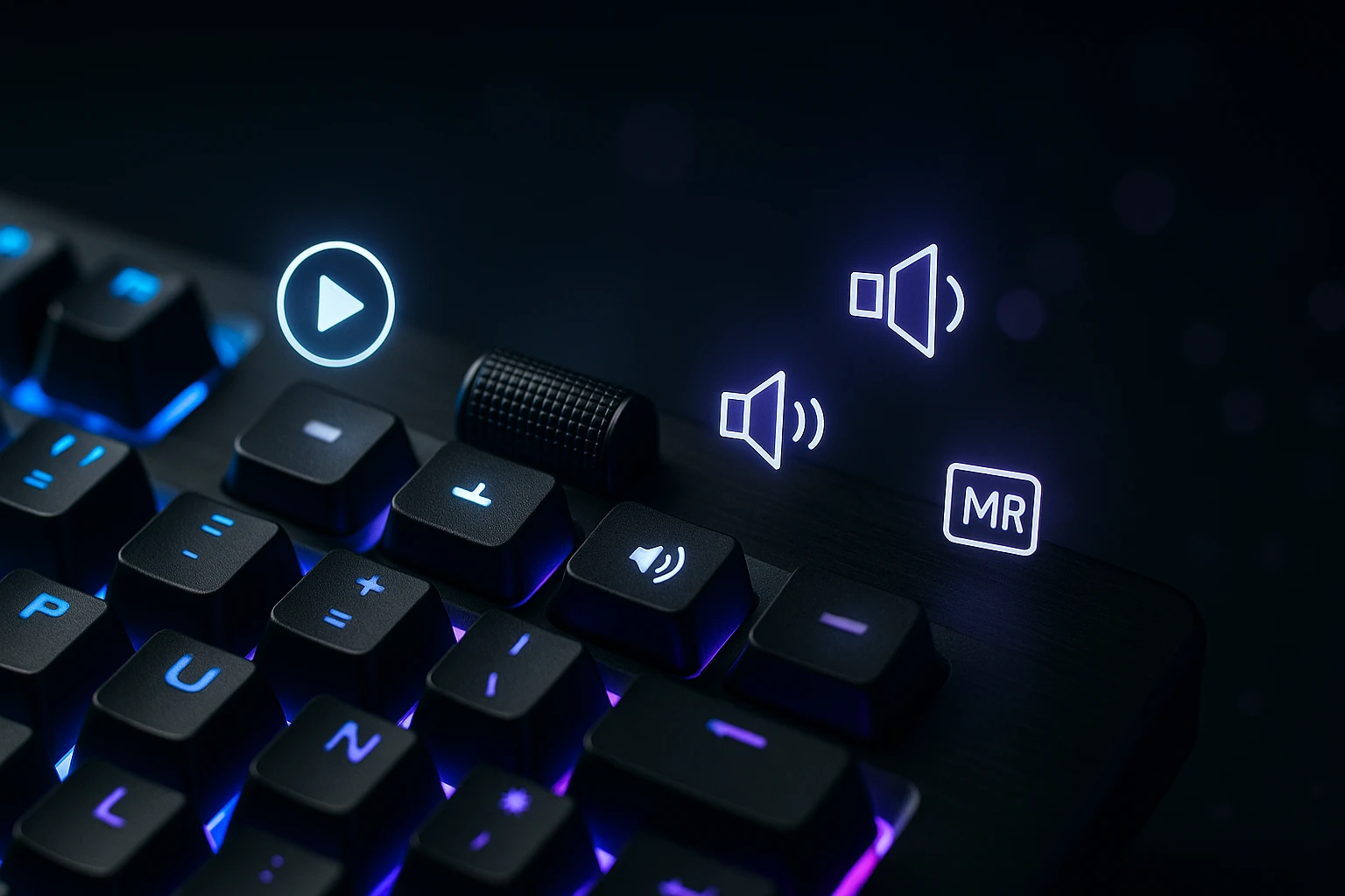 Egy RGB háttérvilágítású gamer billentyűzet, vezérlőgombokkal és ikonokkal.