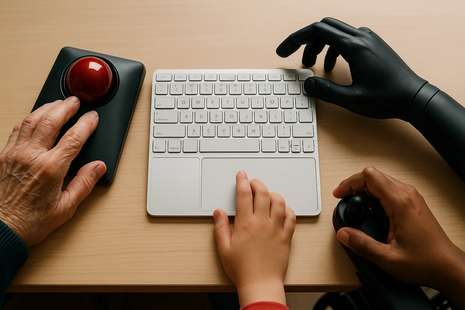 Különböző korosztályok kezei egy számítógép billentyűzetén és vezérlőjén.