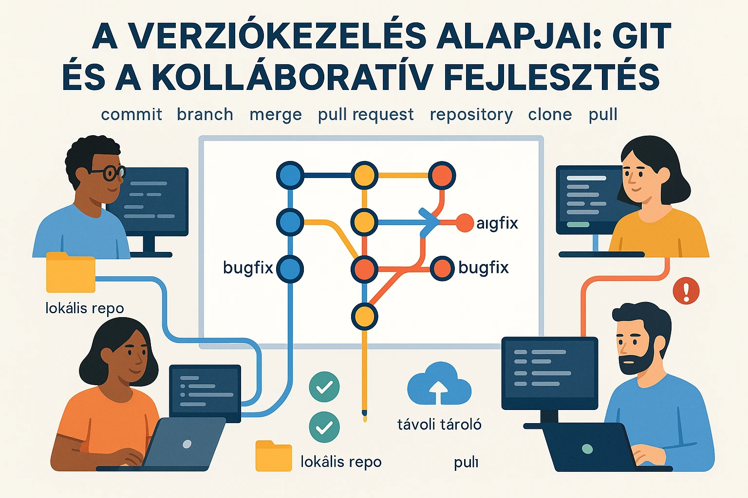 Kép a verziókezelés alapjairól, bemutatva a Git folyamatát és a kollaboratív fejlesztést.