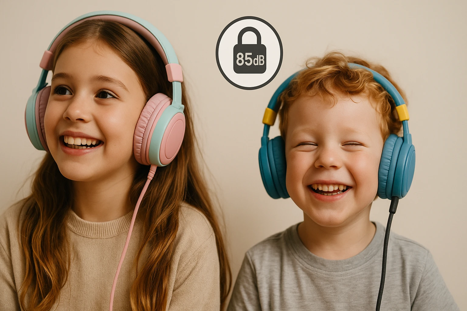 Két gyermek, rózsaszín és kék fejhallgatóval, boldogan mosolyogva ül.