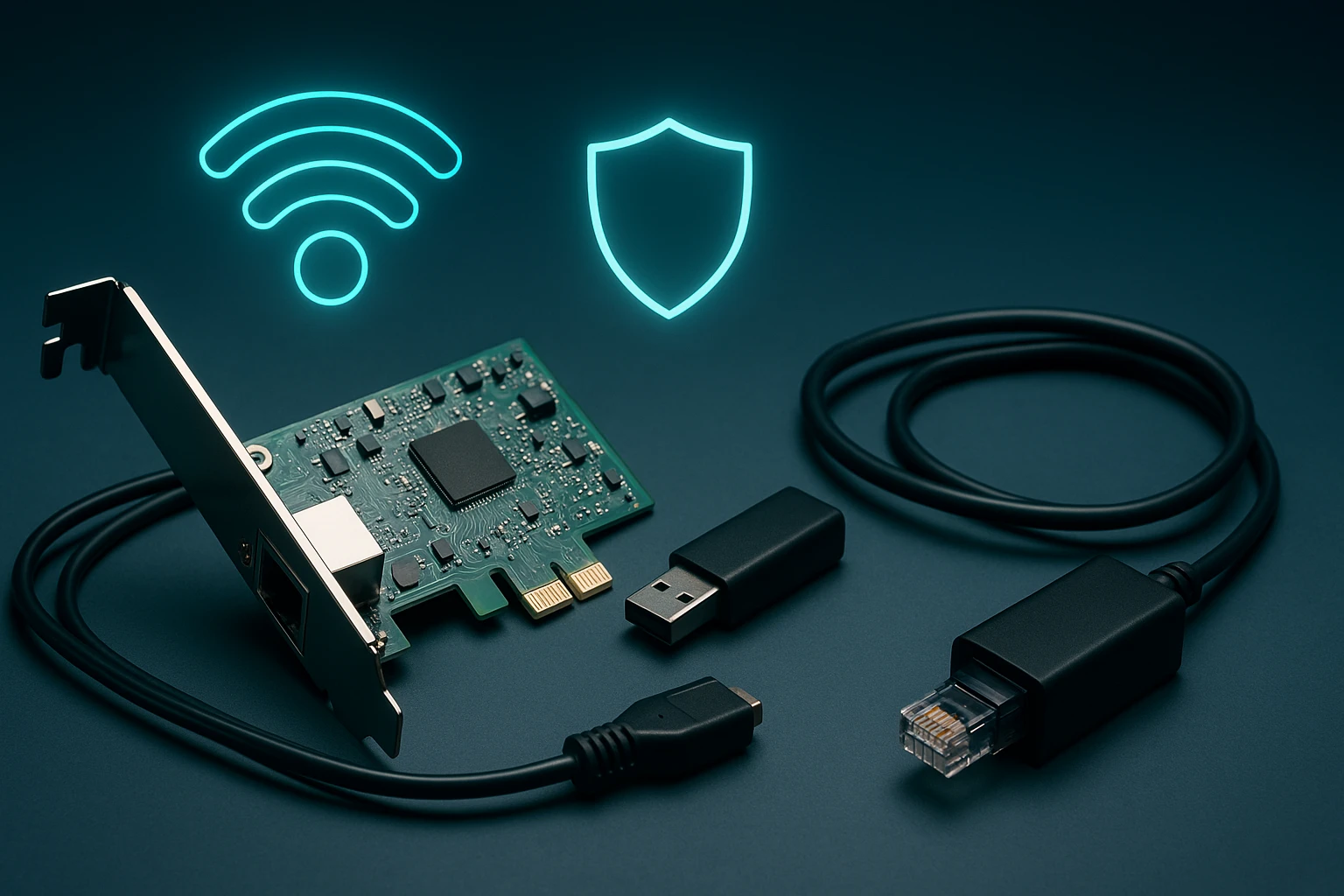 Egy hálózati kártya, USB adapter és kábelek, háttérben Wi-Fi és védelem szimbólumokkal.