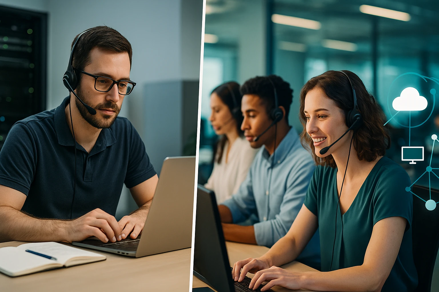 Kép egy modern irodai környezetről, ahol munkatársak headsettel dolgoznak laptopokon.