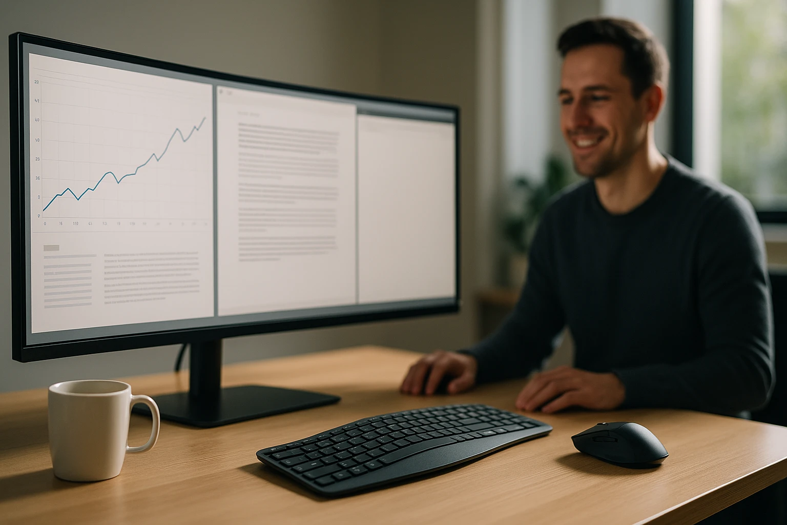 Egy férfi ül egy asztalnál, két monitor előtt, az egyik grafikonokat mutat.