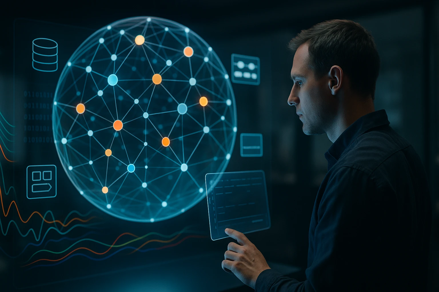 Egy férfi interaktív holografikus felületen dolgozik, adatokat elemez.