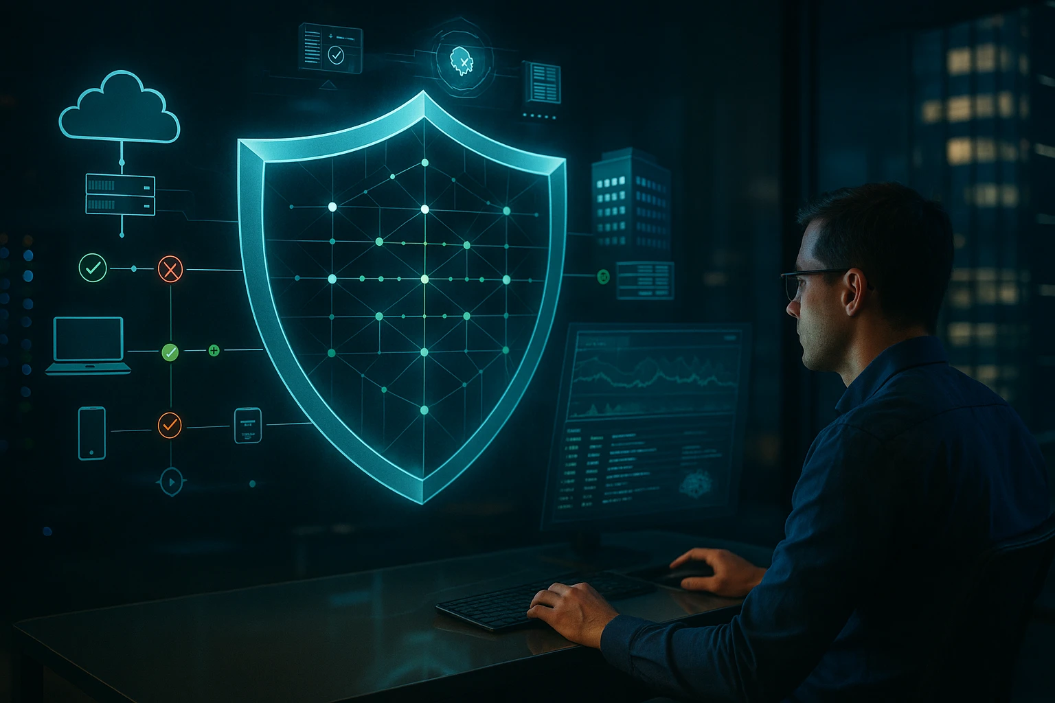 Egy férfi számítógép előtt ül, holografikus biztonsági pajzzsal és adatokkal.