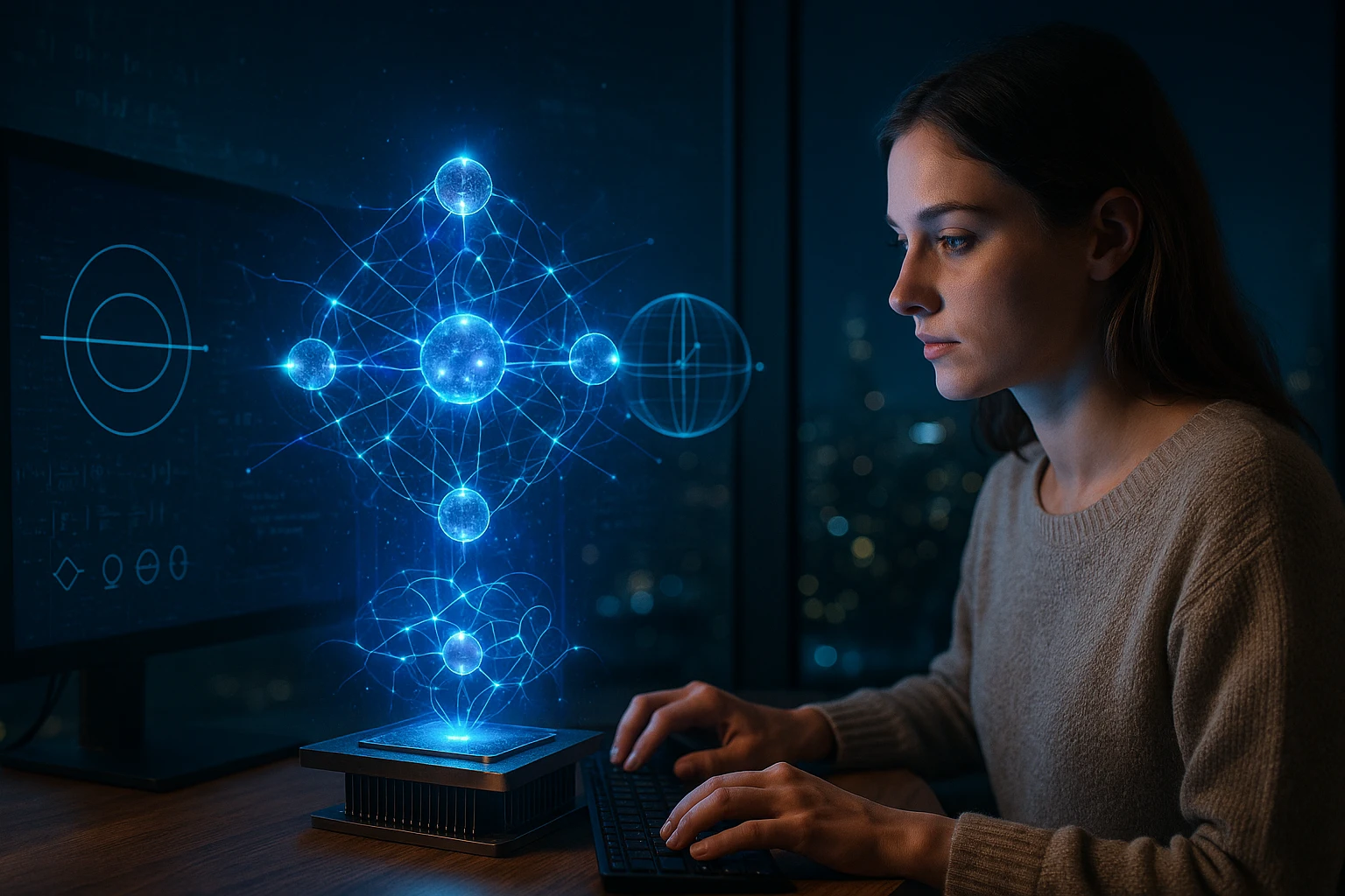 Egy nő számítógép előtt ül, holografikus atommodell látható a levegőben.