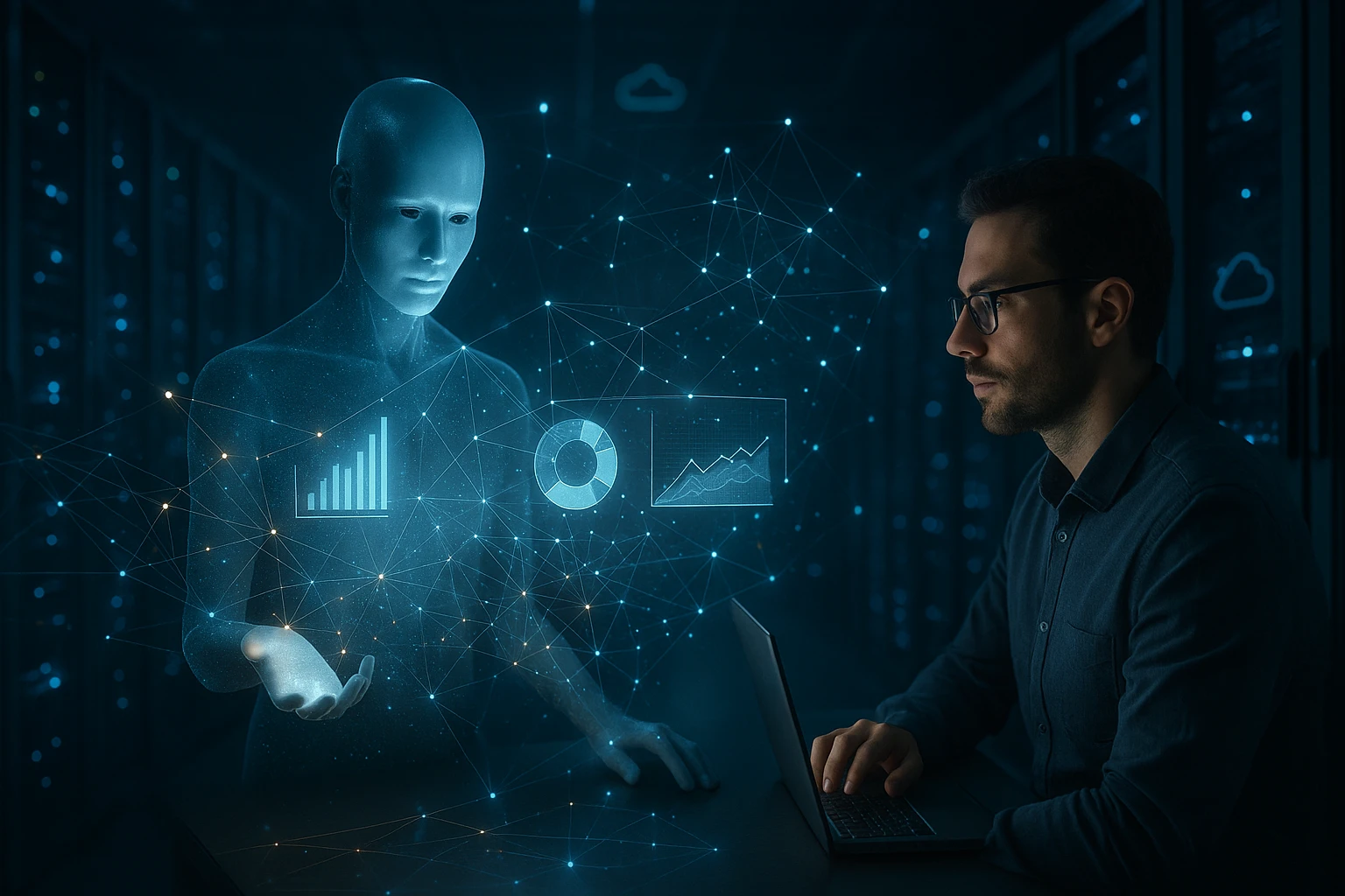 Egy férfi laptop előtt ül, miközben egy holografikus robot elemzi az adatokat.