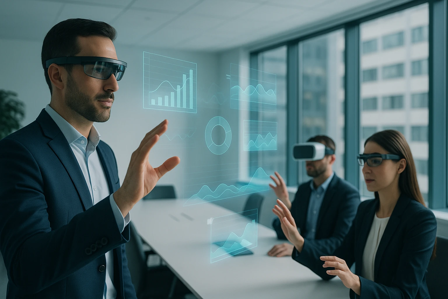 Három üzletember interaktív hologramokat néz, miközben okosszemüveget viselnek.
