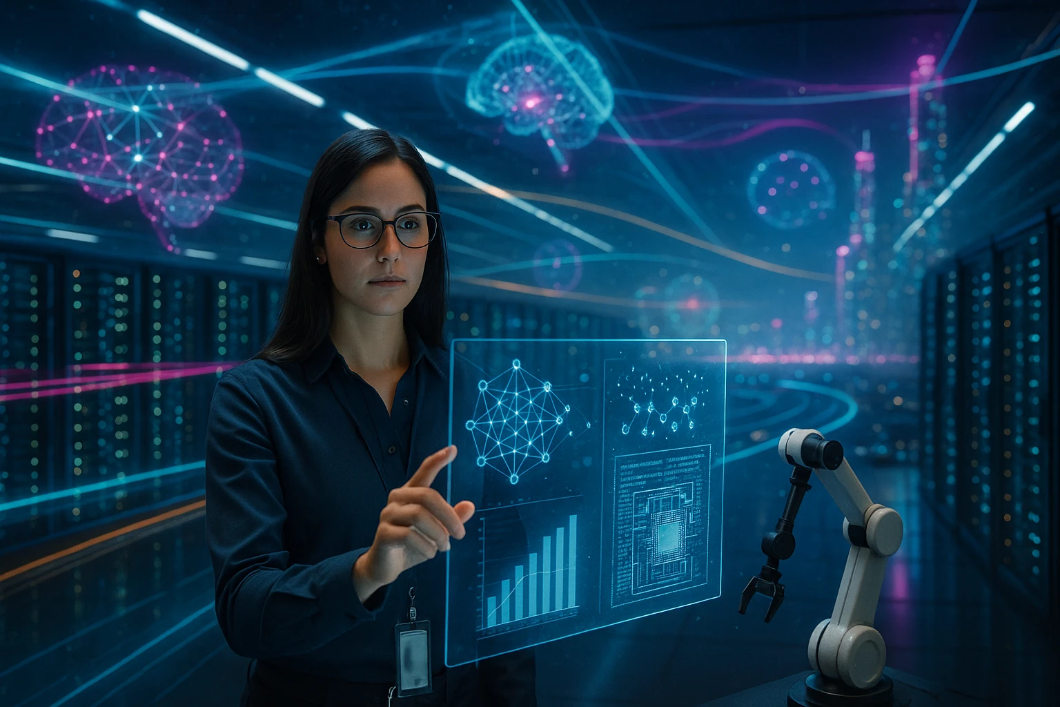 Egy nő interaktív hologramon dolgozik, háttérben adatközpont és robotkar.