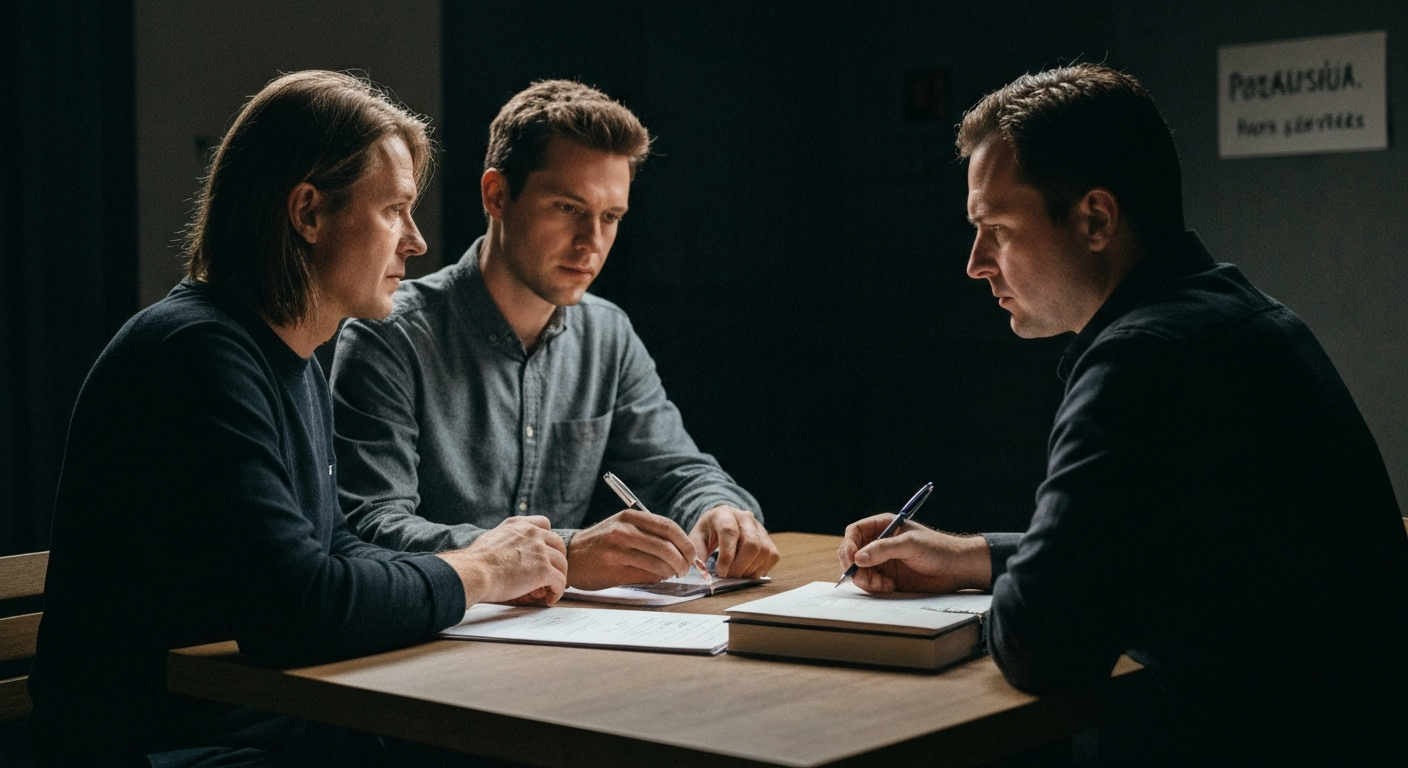 Három férfi ül egy asztalnál, jegyzetelnek és beszélgetnek egy sötét szobában.