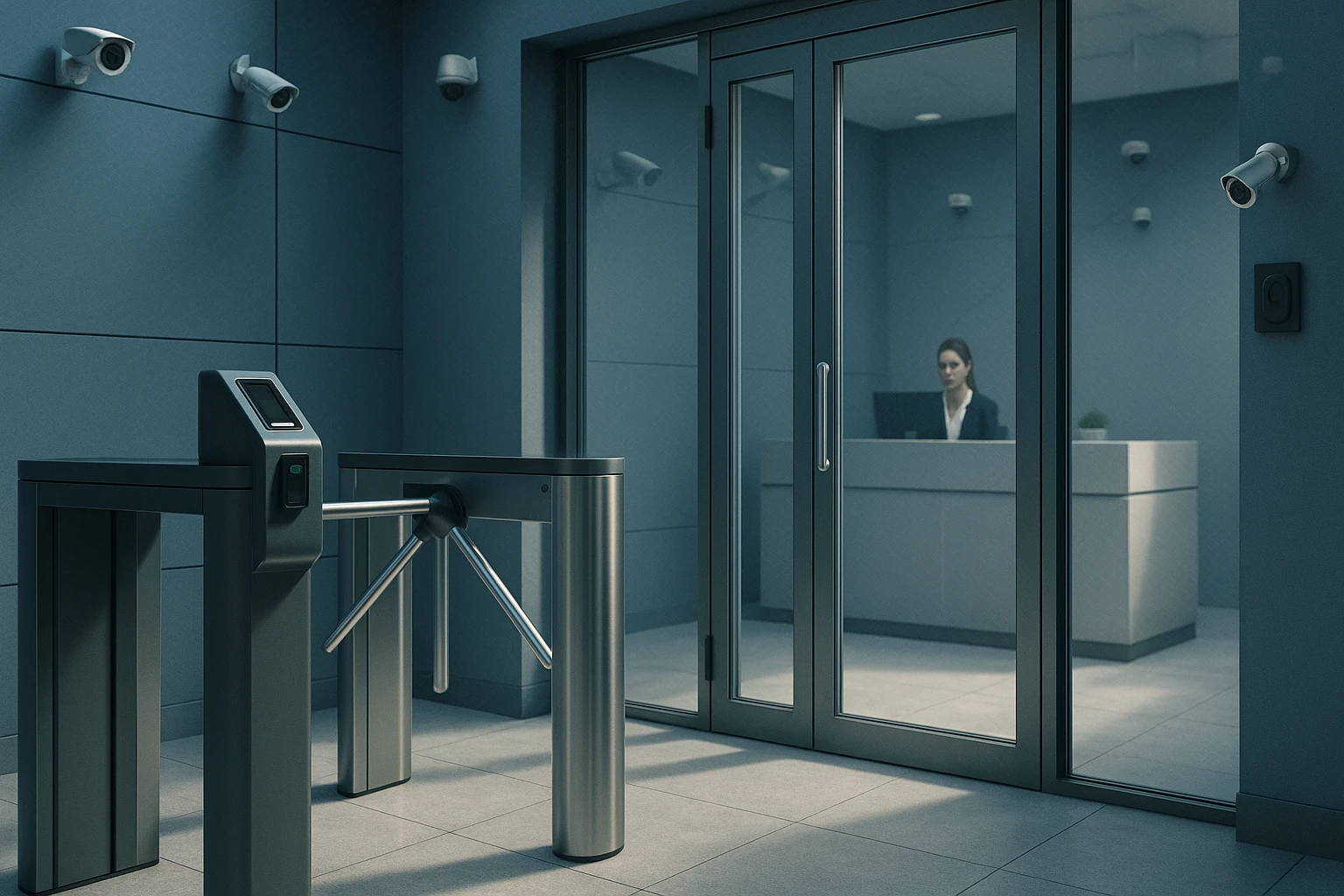 Modern belépési pont, forgókapu és biztonsági kamerák egy irodában.