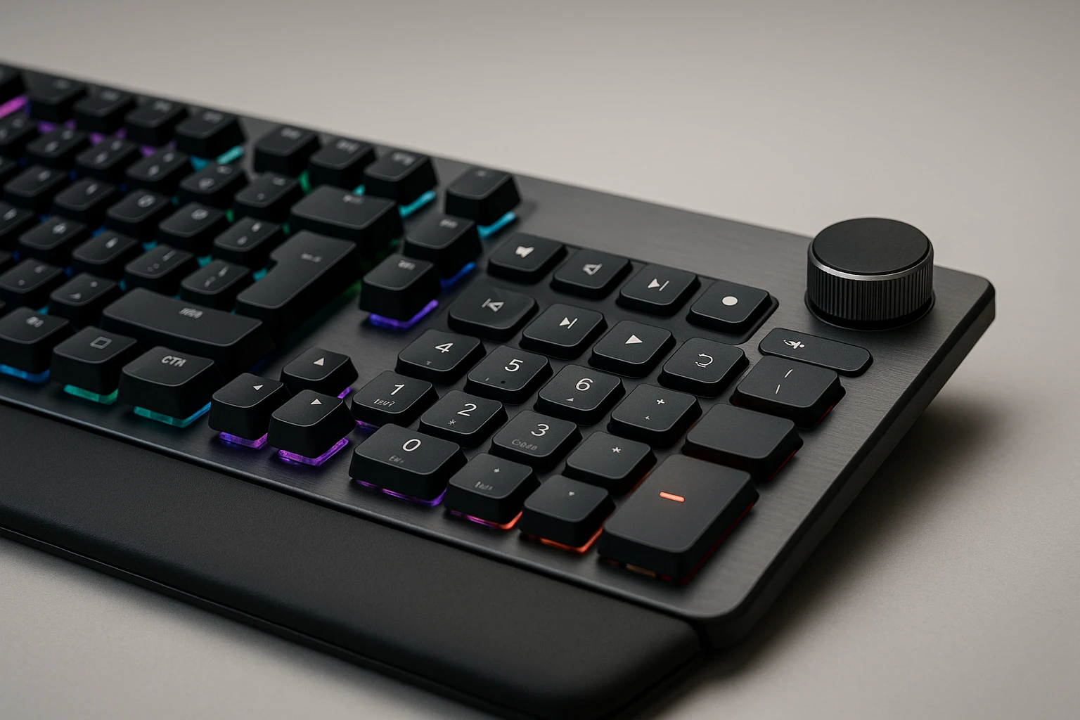 Modern, háttérvilágítással ellátott billentyűzet, színes gombokkal és vezérlőgombbal.