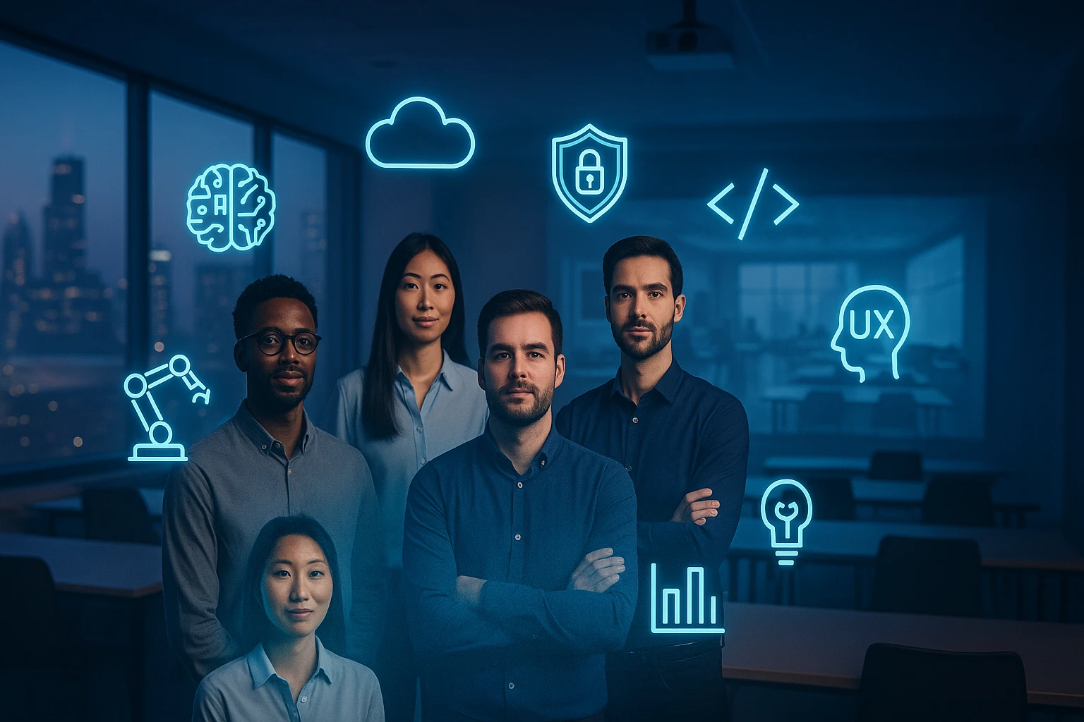 Öt fős csapat áll a sötét irodában, technológiai ikonokkal a háttérben.