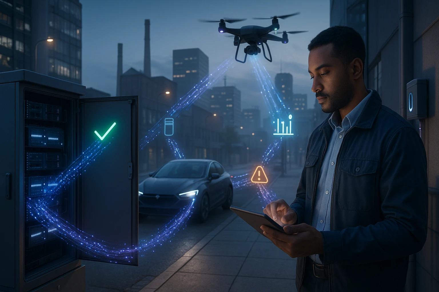 Egy férfi tabletet használ, miközben egy drón repül a városi környezetben.