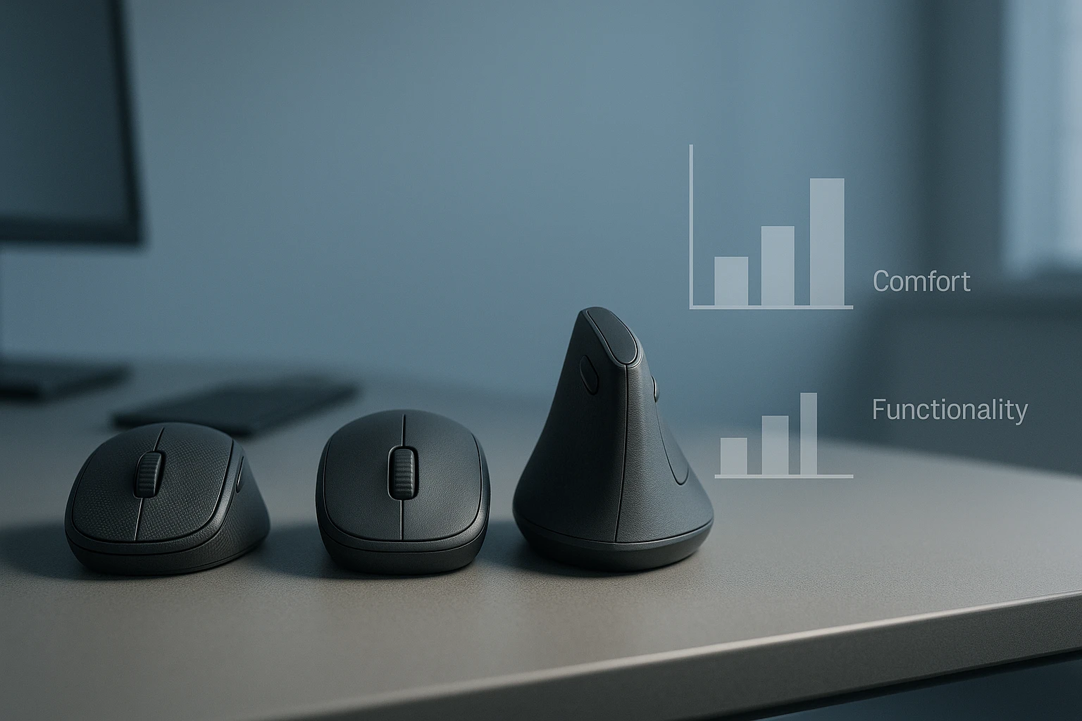 Három különböző egér látható egy asztalon, különböző formákban és méretekben.