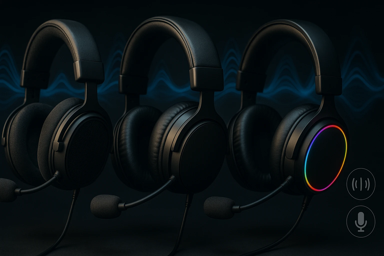 Három különböző fejhallgató, fekete háttér előtt, színes LED világítással.