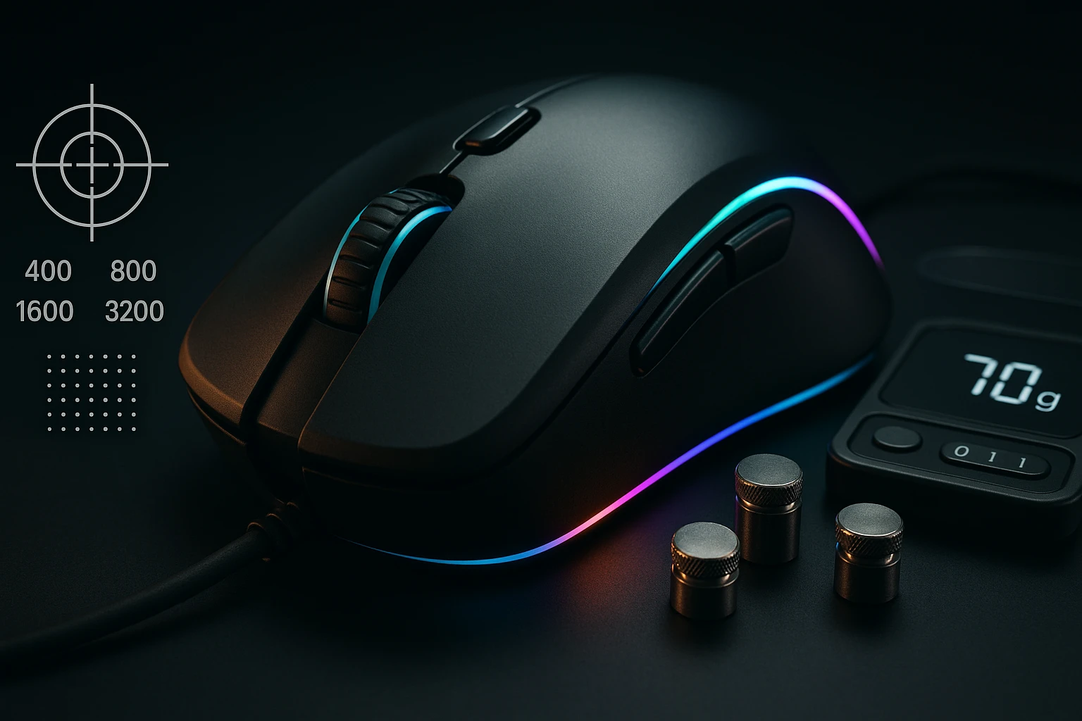 Egy modern gamer egér, RGB világítással és súlyokkal, sötét háttér előtt.