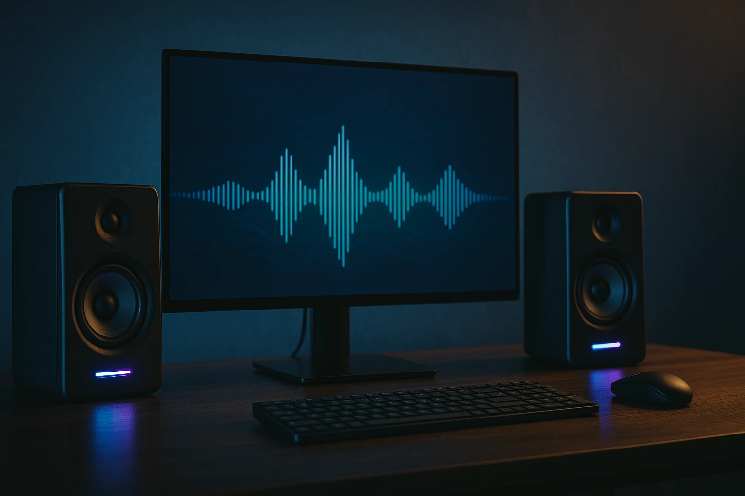 Egy számítógép monitorján hanghullám grafika látható, mellette hangszórók.