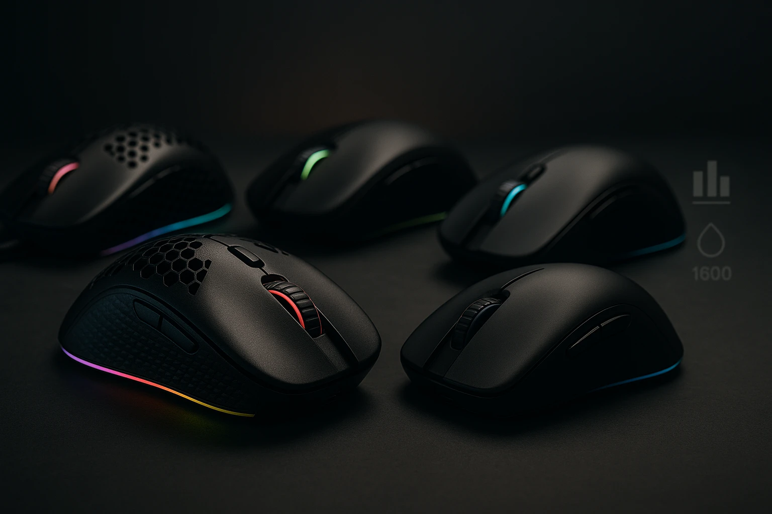 Különböző játékos egerek sötét háttér előtt, színes világítással.