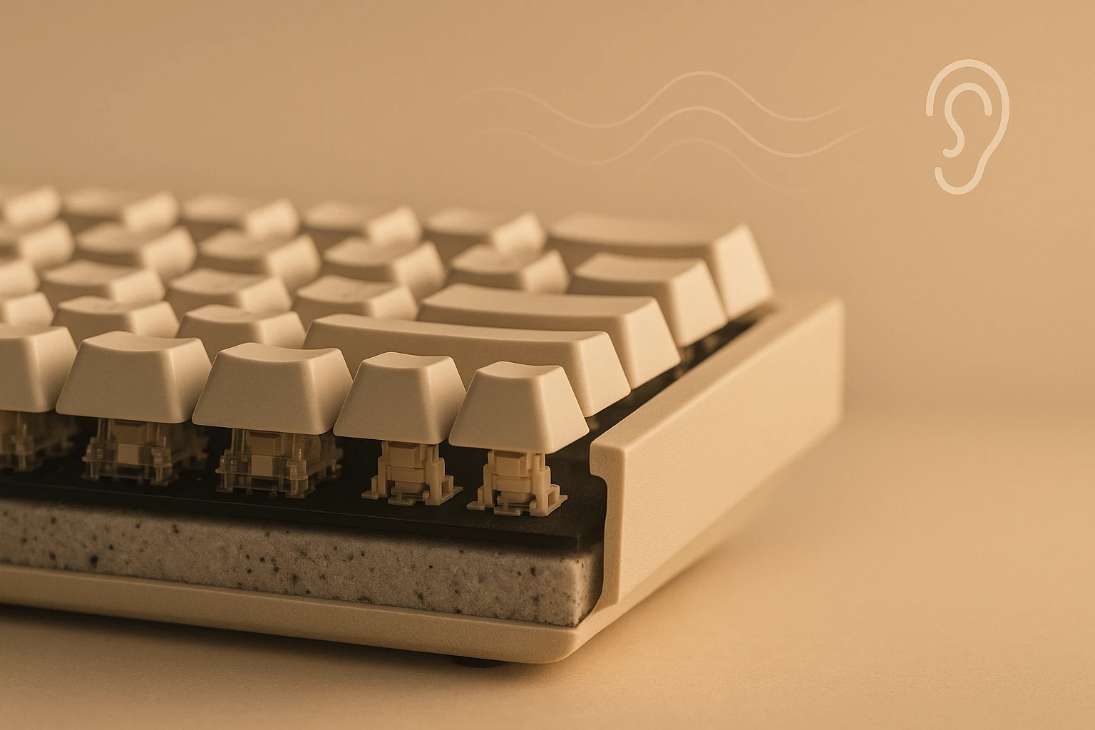 Egy modern, világos színű mechanikus billentyűzet részlete, lágy háttérrel.