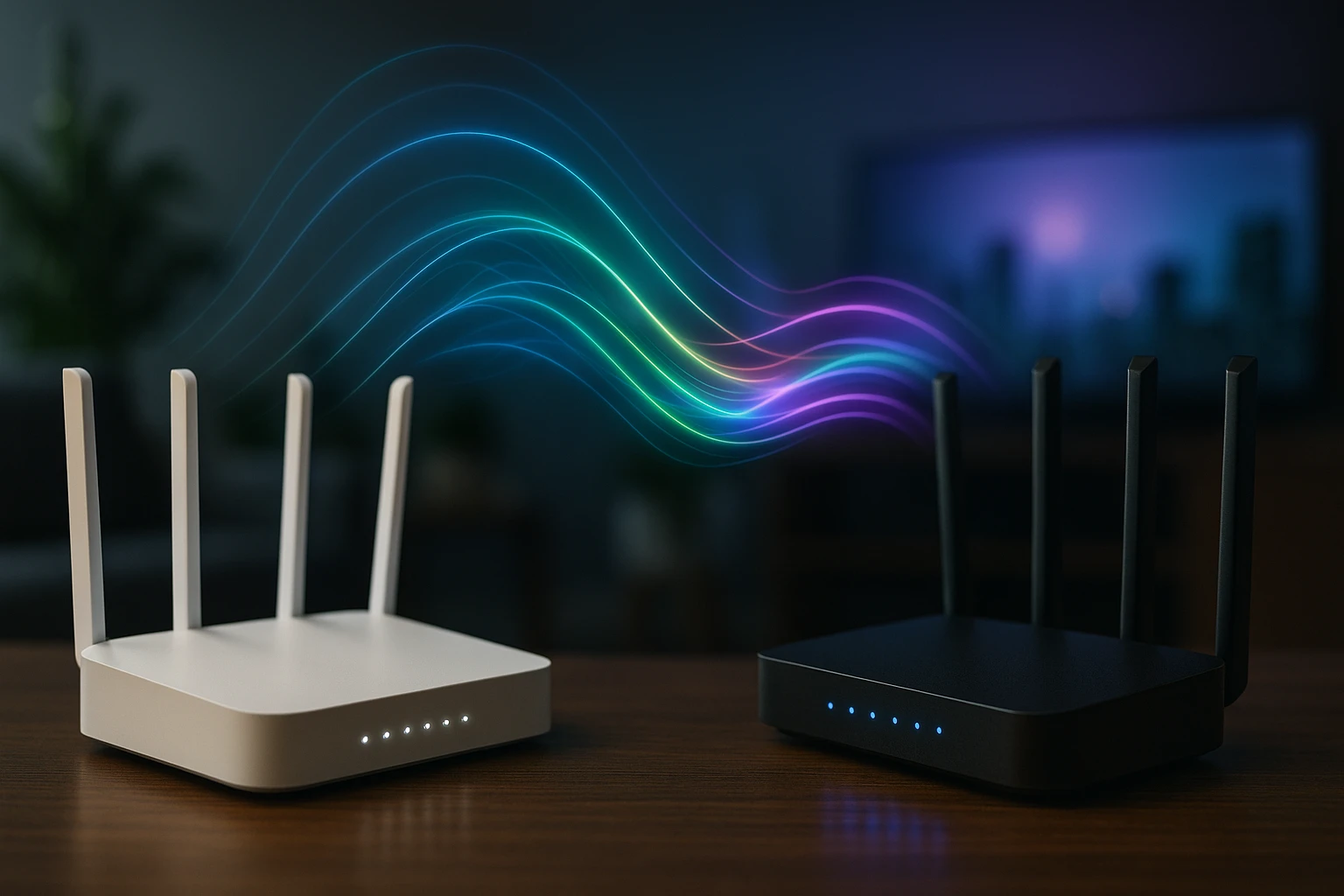 Két különböző színű router, fehér és fekete, háttérben színes hullámokkal.