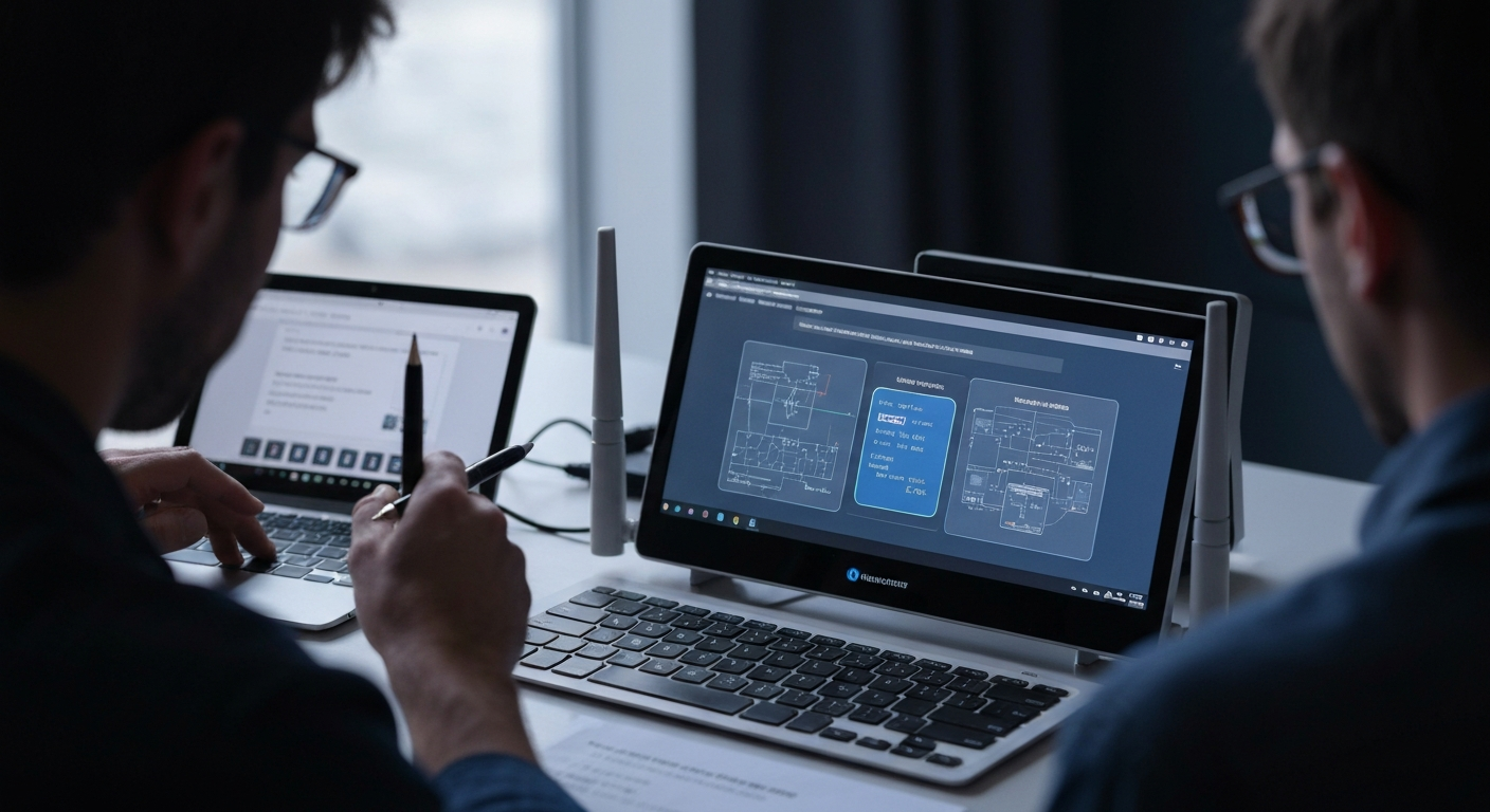 Két férfi dolgozik laptopokon, egyiken technikai rajzok láthatók.