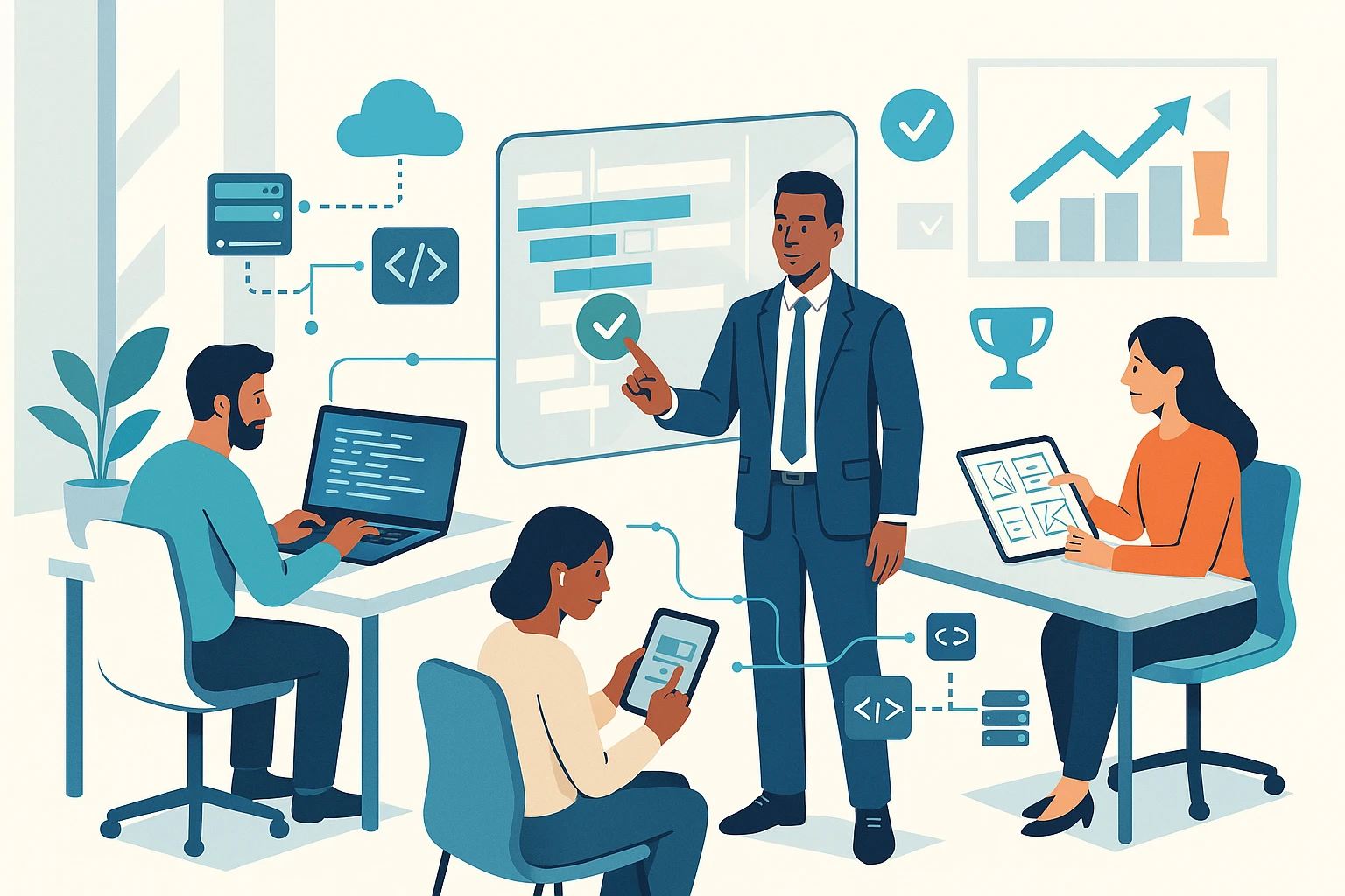 Egy modern irodai környezetben három ember dolgozik technológiai projekteken, táblázatokkal és kódokkal.