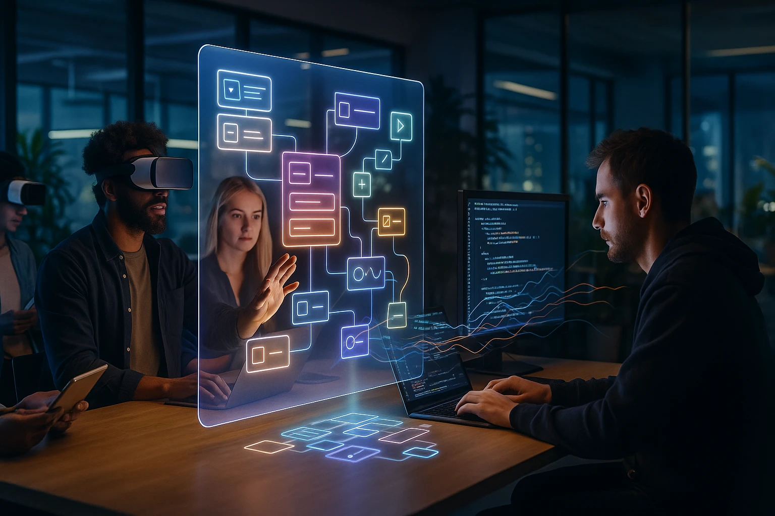 Két ember virtuális valóság szemüveget visel, míg egy harmadik interaktív hologramot kezel.
