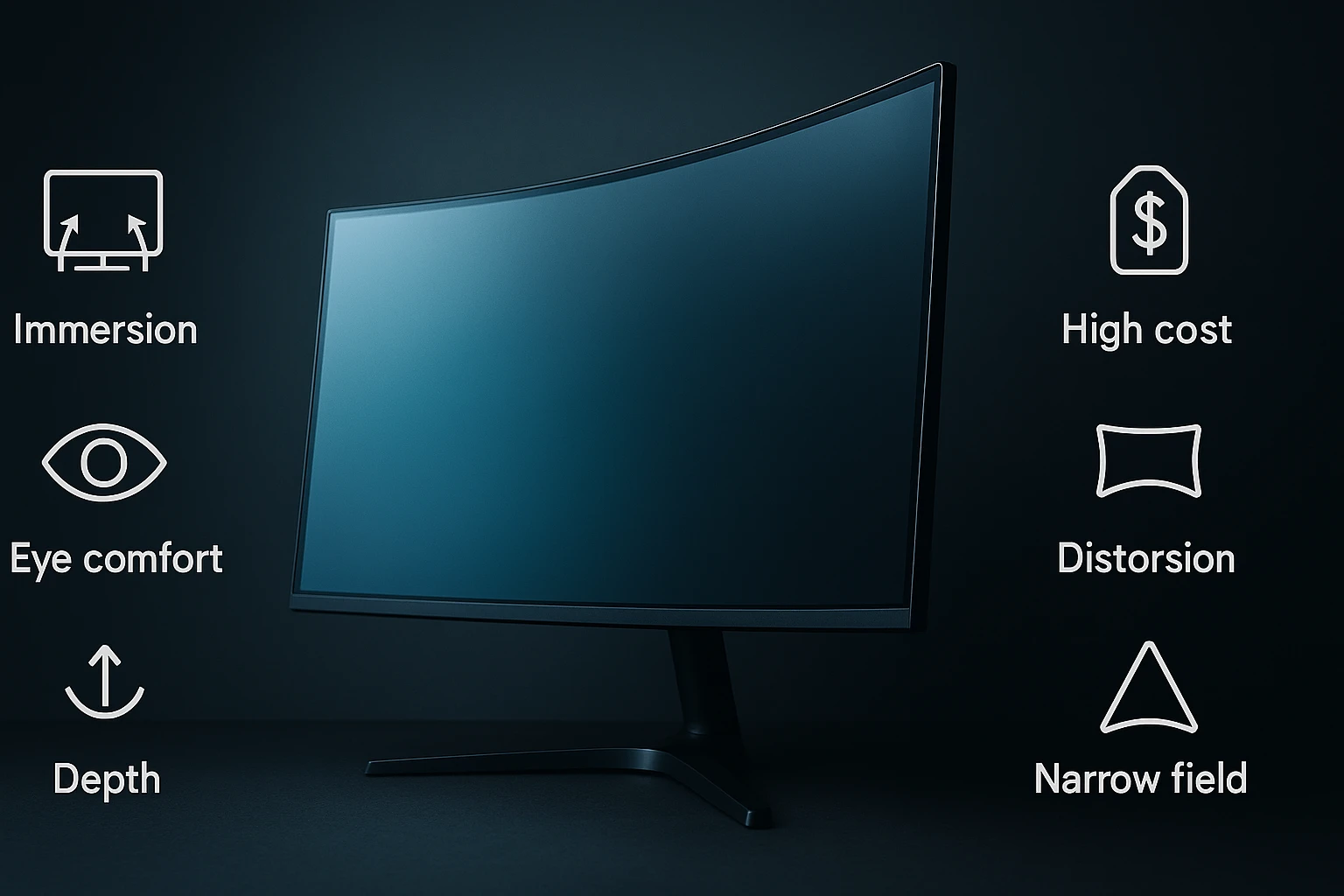 Egy modern ívelt monitor sötét háttér előtt, ikonokkal a funkciókról.