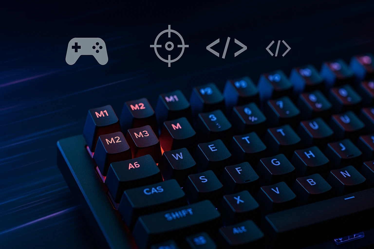 Egy háttérvilágítással ellátott játék billentyűzet, különböző funkciógombokkal.