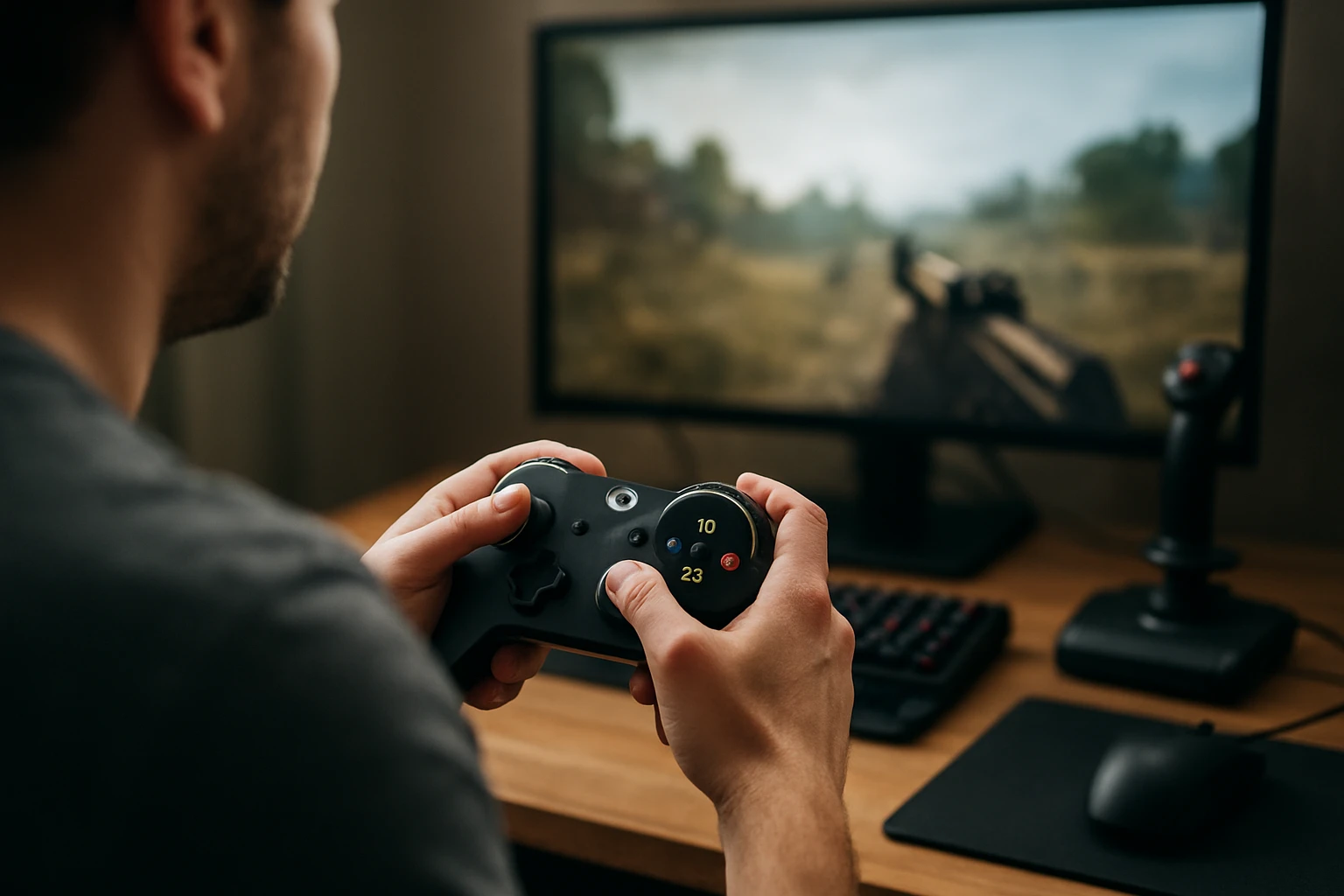 Egy játékos kezében egy játékkonzol kontroller, a háttérben számítógép képernyő.
