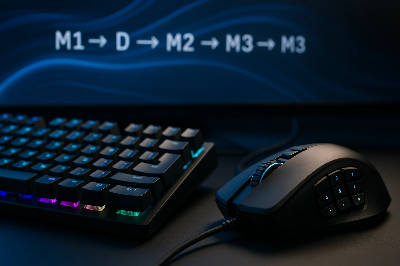 Egy háttérvilágítással ellátott mechanikus billentyűzet és játékos egér látható, a képernyőn parancsokkal.