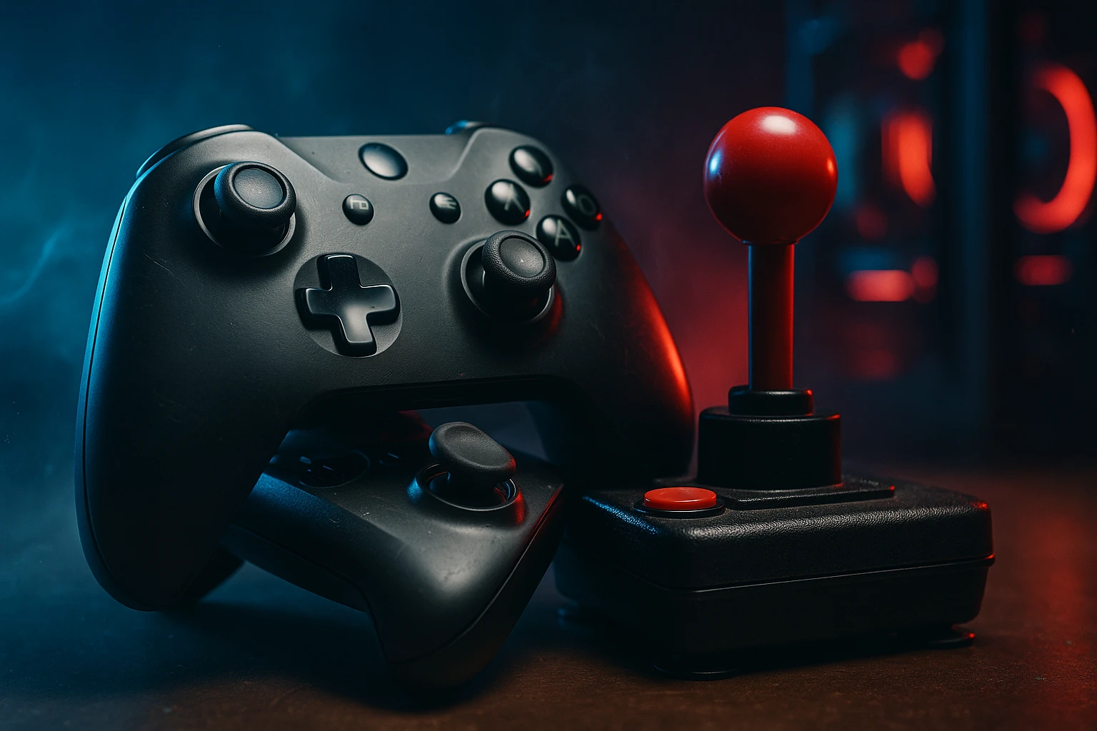 Két videojáték kontroller, egy modern és egy klasszikus joystick, sötét háttérben.